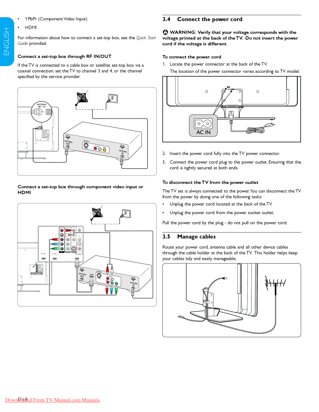 Philips 42PFL7603D Connect the power cord, Manage cables, Español Française English, Downloaded From TV-Manual.com Manuals 