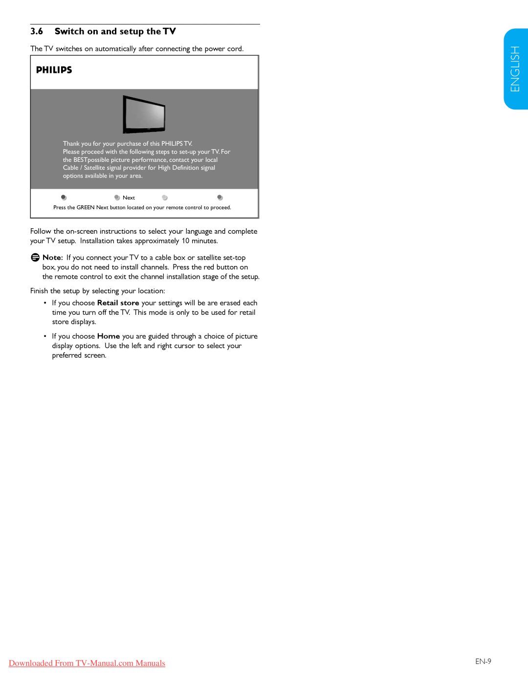 Philips 57PFL7603D user manual Switch on and setup the TV, Español Française English, Downloaded From TV-Manual.com Manuals 