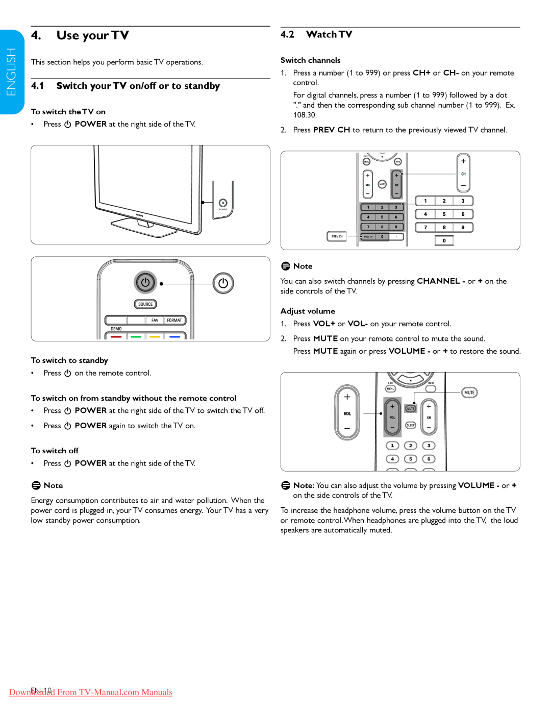 Philips 47PFL7603D Use your TV, Switch your TV on/off or to standby, Watch TV, Español Française English, Switch channels 