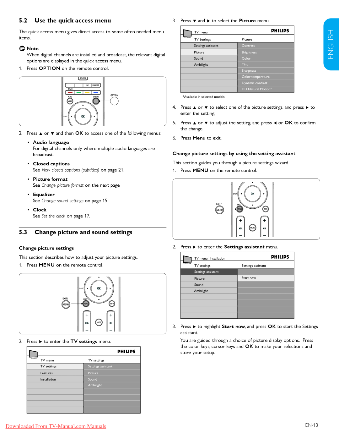 Philips 57PFL7603D Use the quick access menu, Change picture and sound settings, Español Française English, DDNote, Clock 