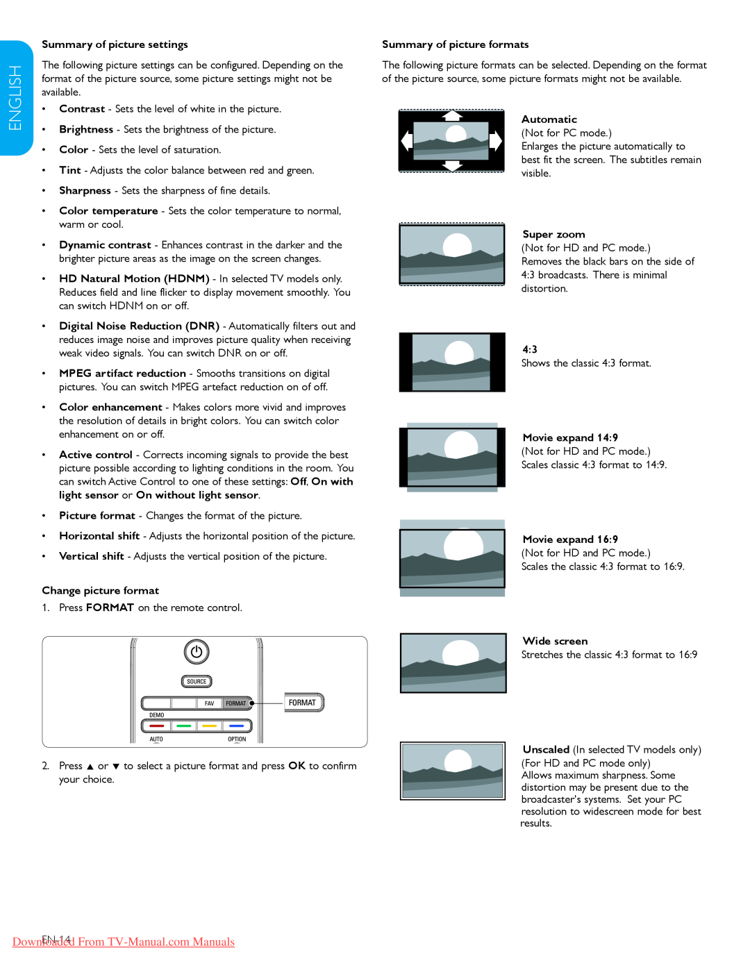 Philips 47PFL7603D Español Française English, Downloaded From TV-Manual.com Manuals, Summary of picture settings 