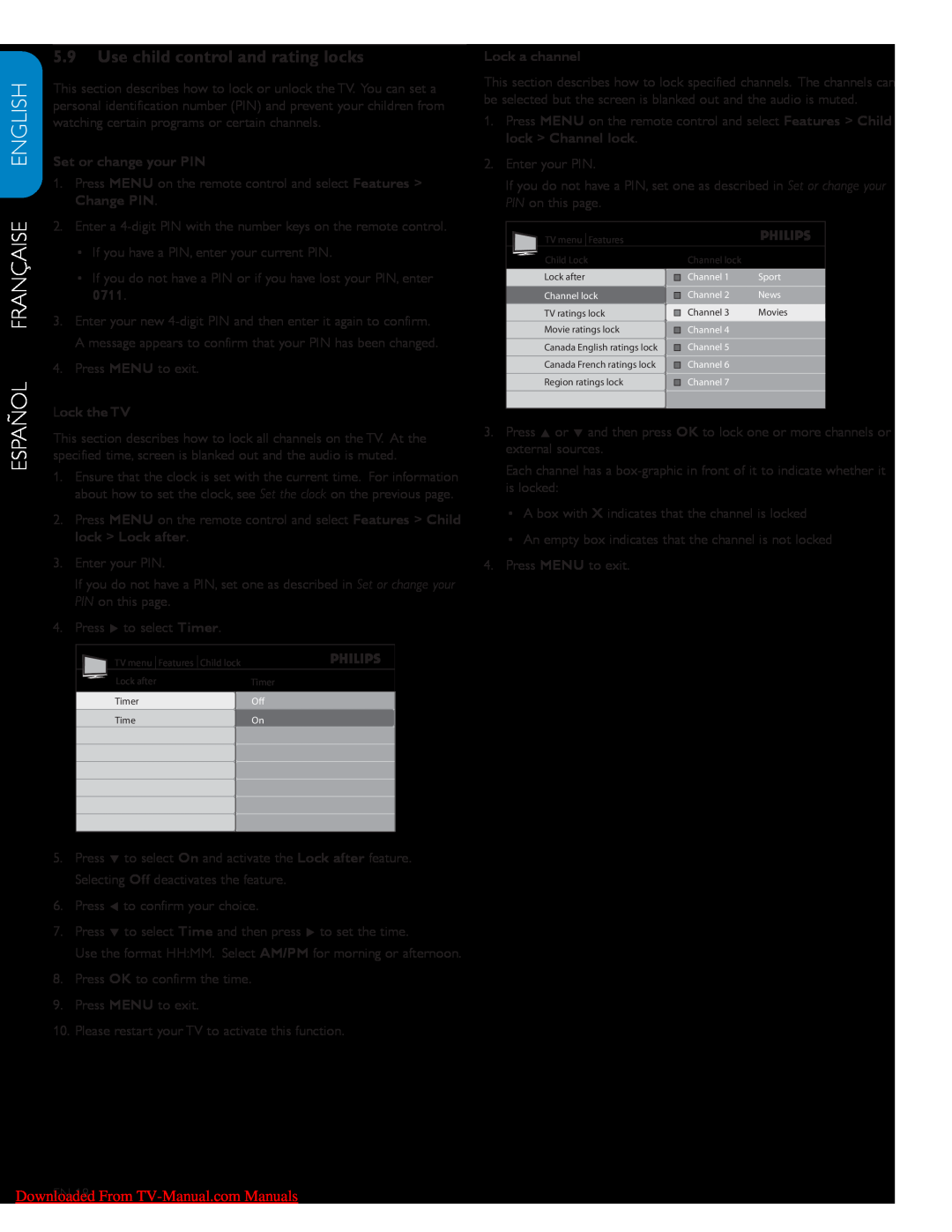 Philips 47PFL7603D Use child control and rating locks, Español Française English, Downloaded From TV-Manual.com Manuals 