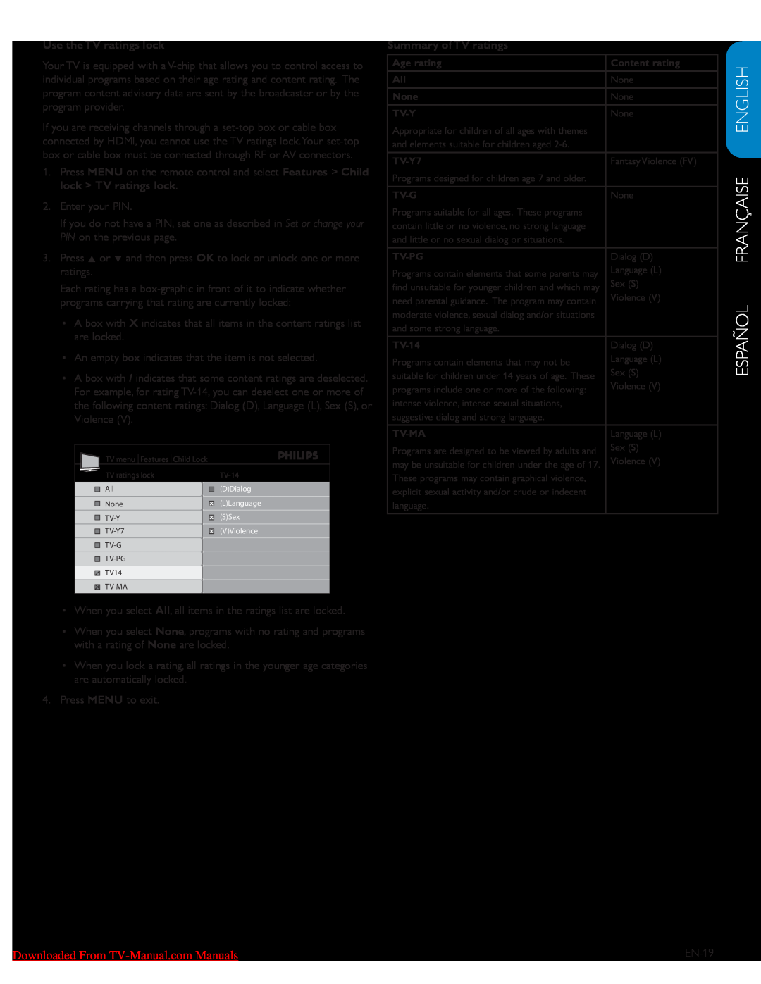 Philips 52PFL7603D, 47PFL7603D Español Française English, Downloaded From TV-Manual.com Manuals, Use the TV ratings lock 