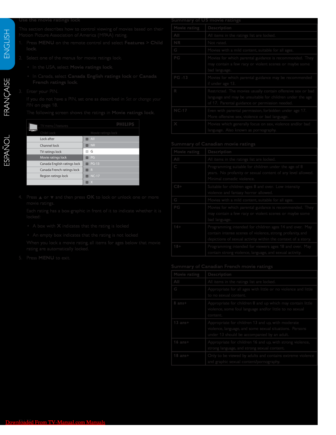 Philips 42PFL7603D user manual Español Française English, Downloaded From TV-Manual.com Manuals, Use the movie ratings lock 