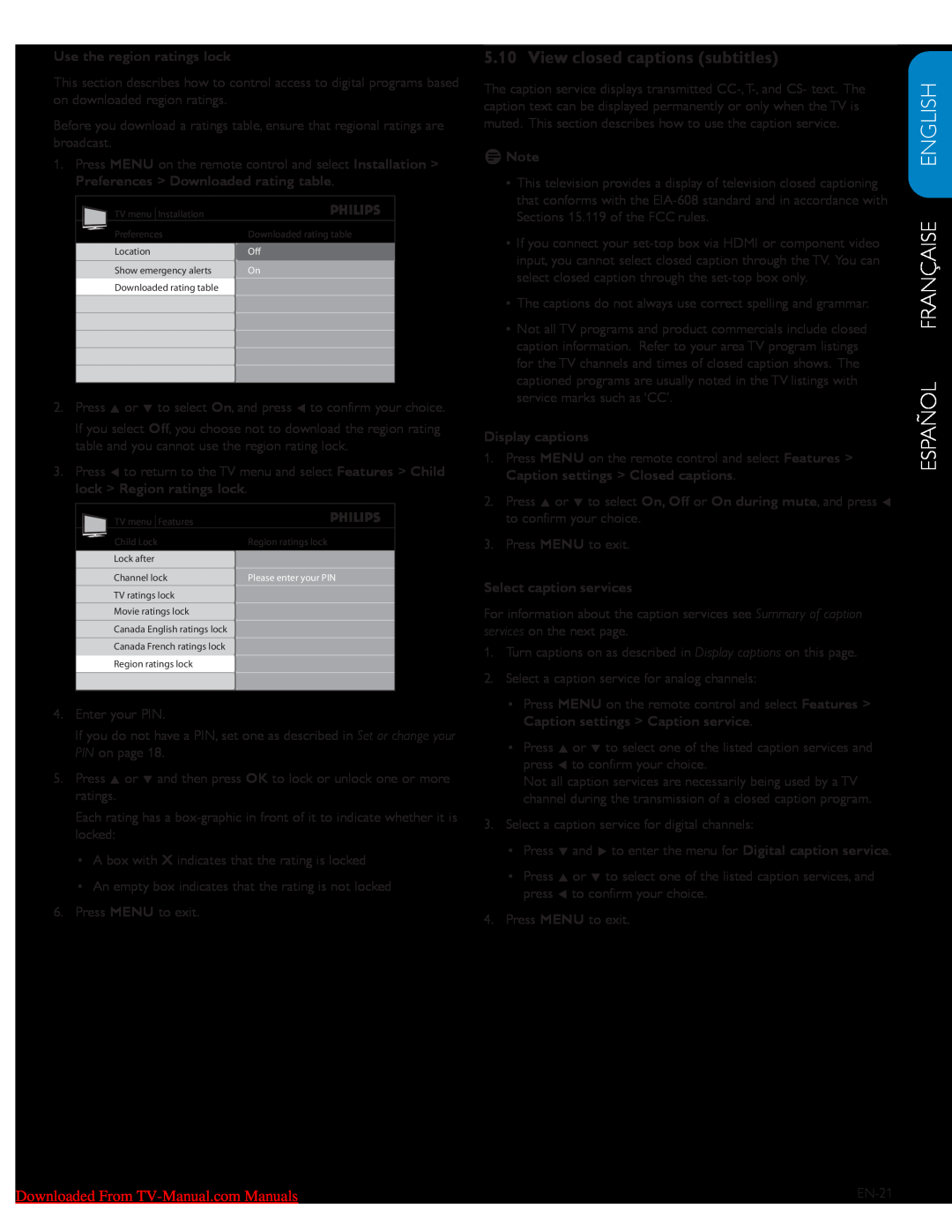 Philips 57PFL7603D View closed captions subtitles, Française English, Use the region ratings lock, Installation, DDNote 