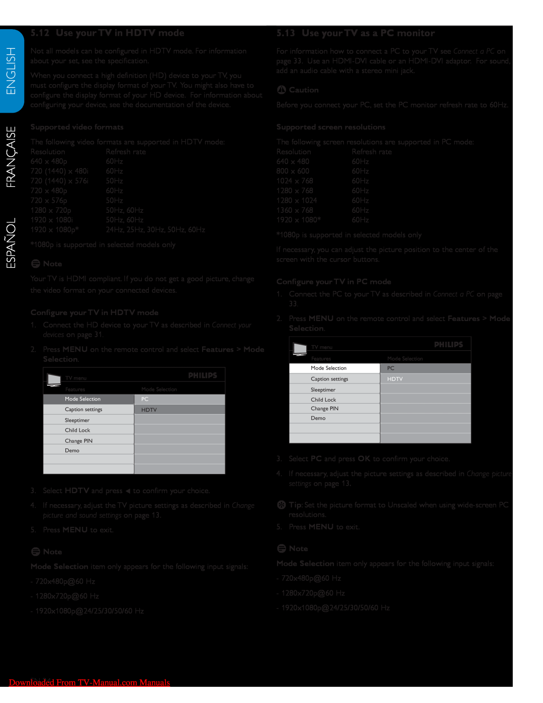 Philips 42PFL7603D Use your TV in HDTV mode, Use your TV as a PC monitor, Español Française English, DDNote, BBCaution 