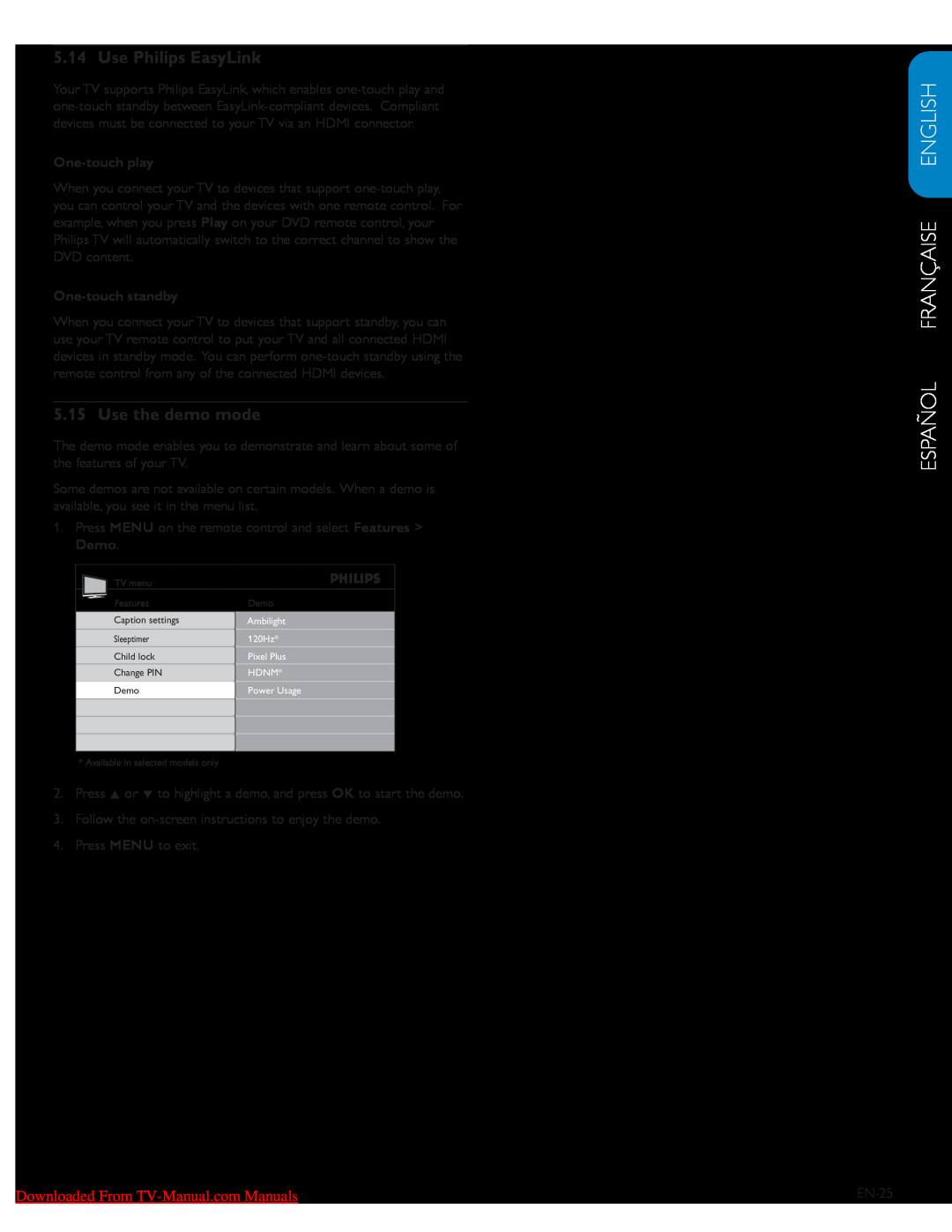 Philips 57PFL7603D Use Philips EasyLink, Use the demo mode, Español Française English, One-touch play, One-touch standby 