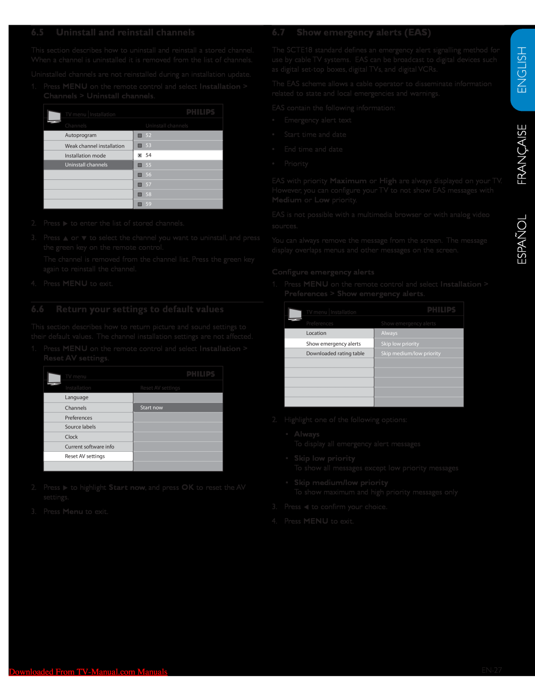 Philips 52PFL7603D Uninstall and reinstall channels, Return your settings to default values, Show emergency alerts EAS 