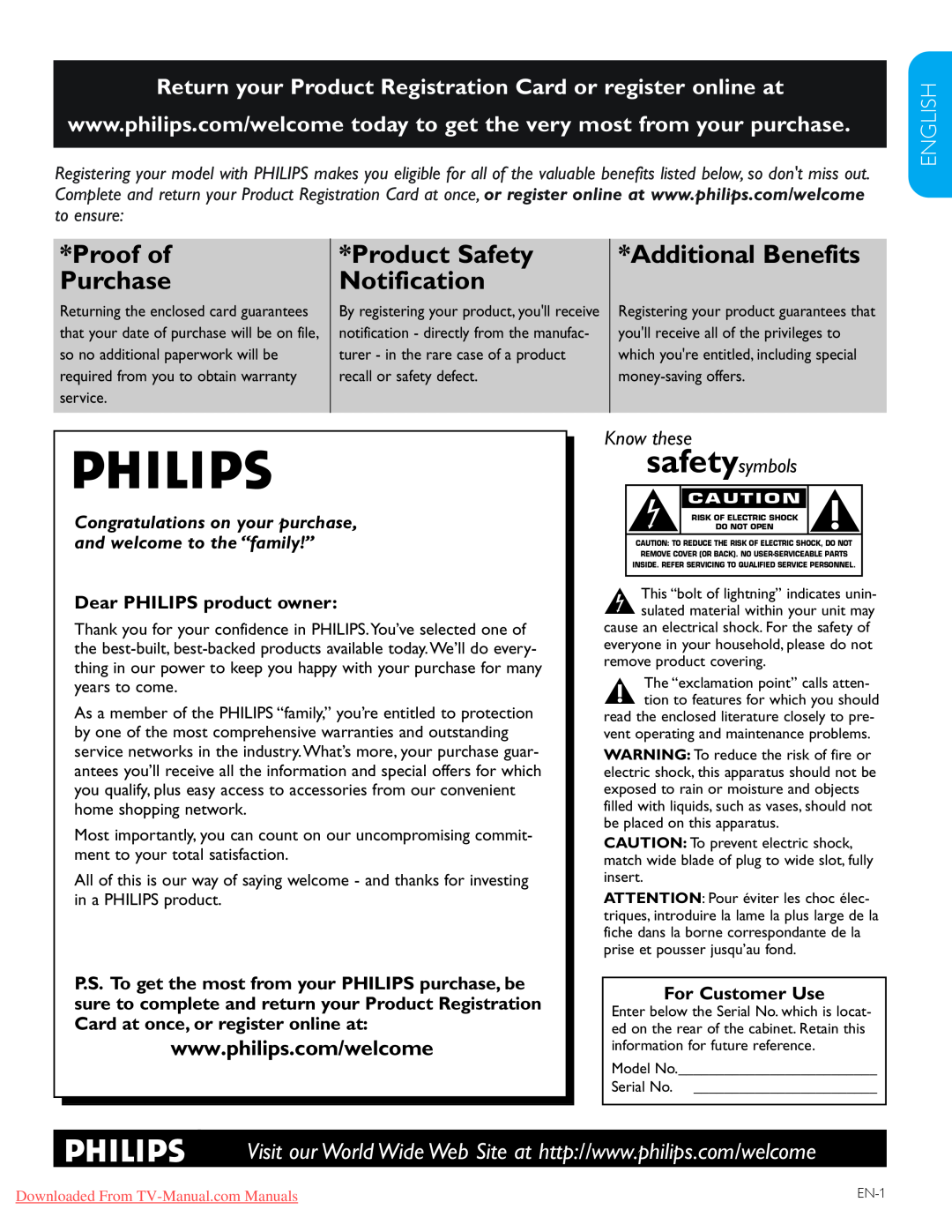 Philips 57PFL7603D, 47PFL7603D Française English, Proof of, Product Safety, Additional Benefits, Purchase, Notification 