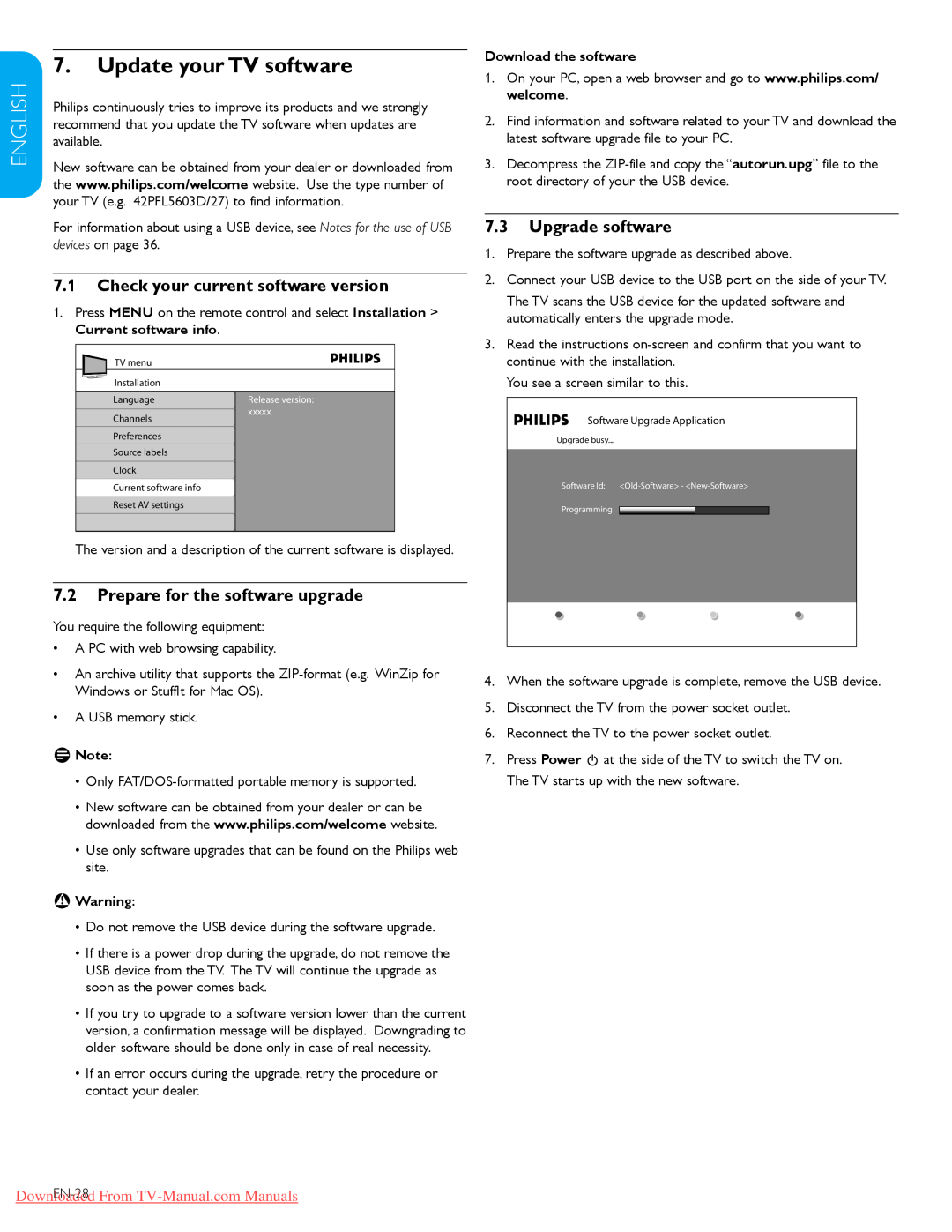 Philips 42PFL7603D Update your TV software, Check your current software version, Prepare for the software upgrade, DDNote 