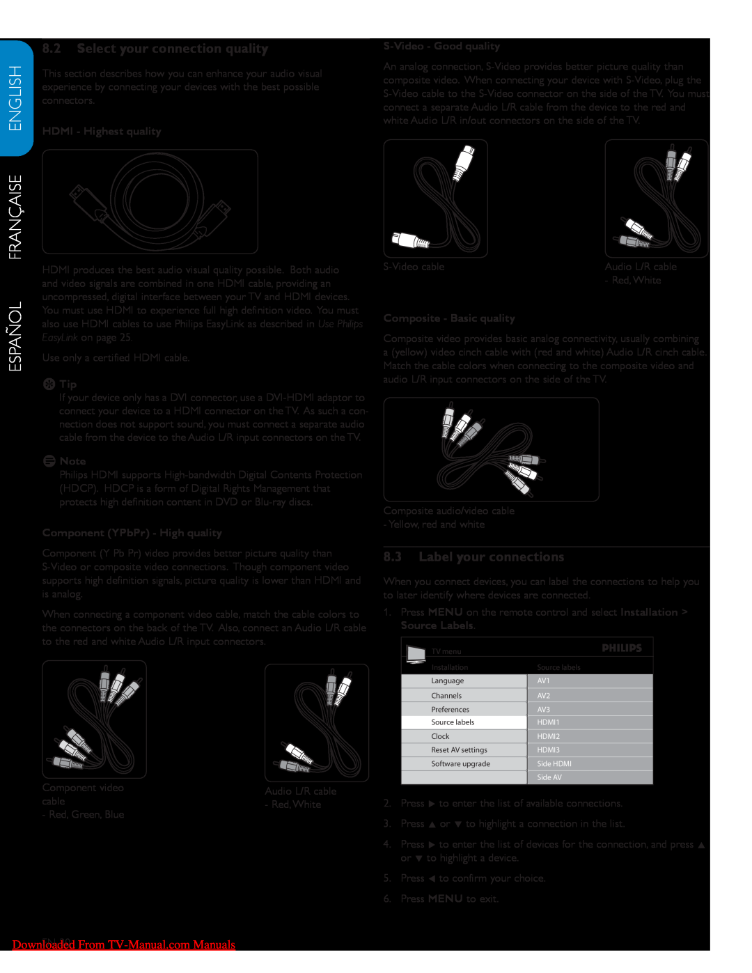 Philips 47PFL7603D Select your connection quality, Label your connections, Español Française English, EETip, DDNote 