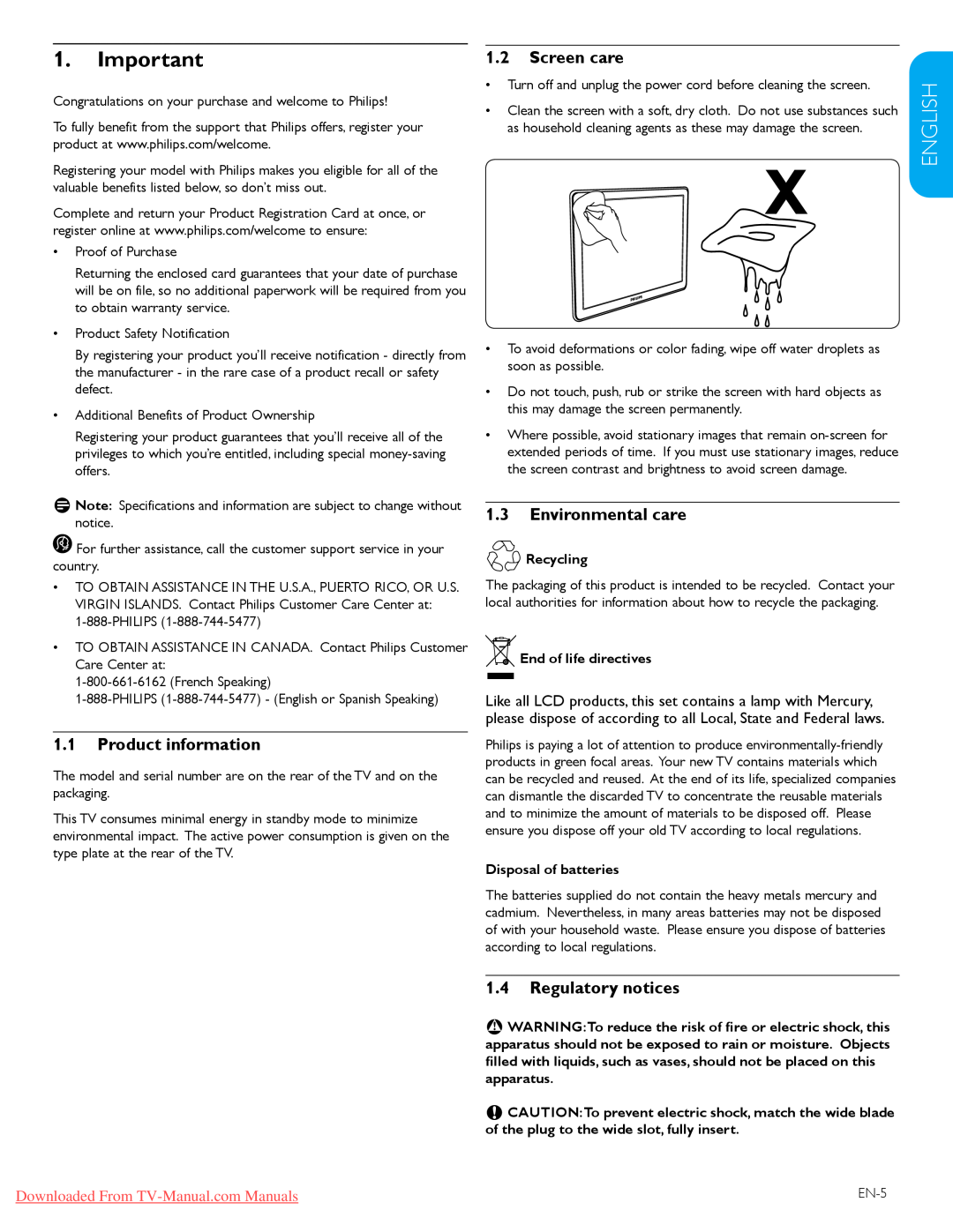 Philips 57PFL7603D Important, Product information, Screen care, Environmental care, Regulatory notices, Recycling 