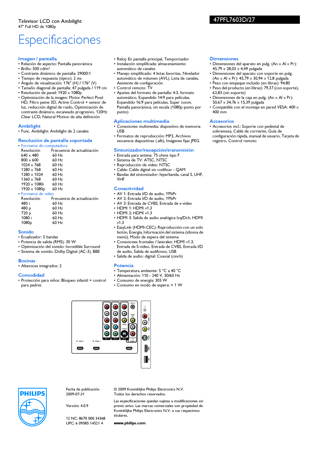 Philips manual Especificaciones, 47PFL7603D/27, Televisor LCD con Ambilight, Formatos de computadora, Formatos de video 