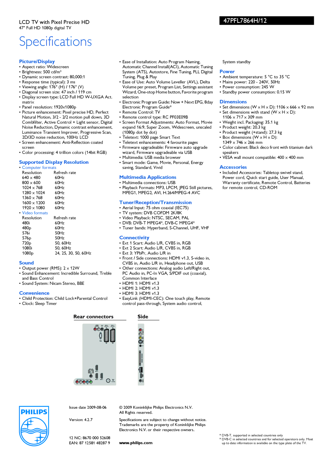 Philips 47PFL7864H manual Picture/Display, Supported Display Resolution, Sound, Convenience, Multimedia Applications, Power 