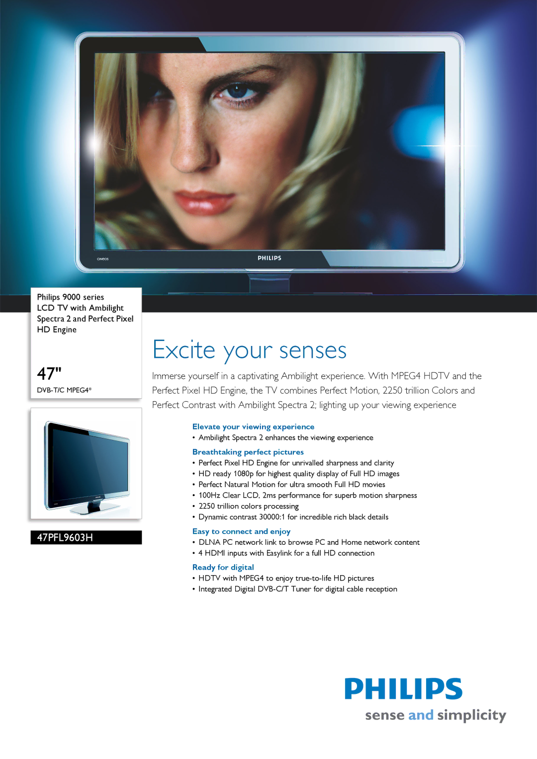 Philips 47PFL9603H manual Elevate your viewing experience, Breathtaking perfect pictures, Easy to connect and enjoy 