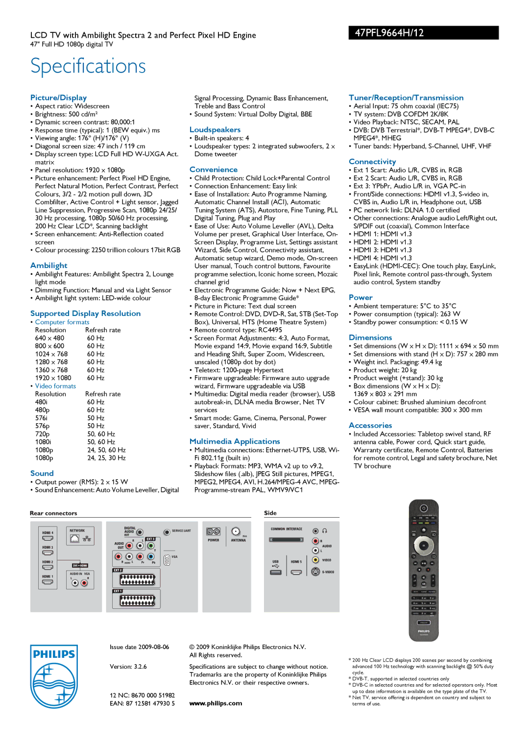 Philips 47PFL9664H/12 Picture/Display, Ambilight, Supported Display Resolution, Sound, Loudspeakers, Convenience, Power 