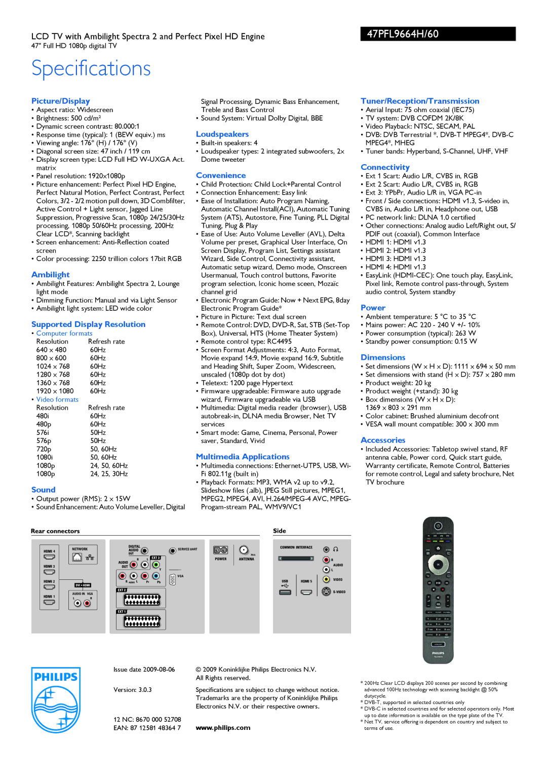 Philips 47PFL9664H/60 Picture/Display, Ambilight, Supported Display Resolution, Sound, Loudspeakers, Convenience, Power 