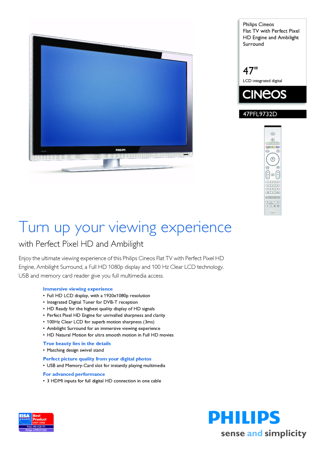 Philips 47PFL9732D/10 manual Immersive viewing experience, True beauty lies in the details, For advanced performance 