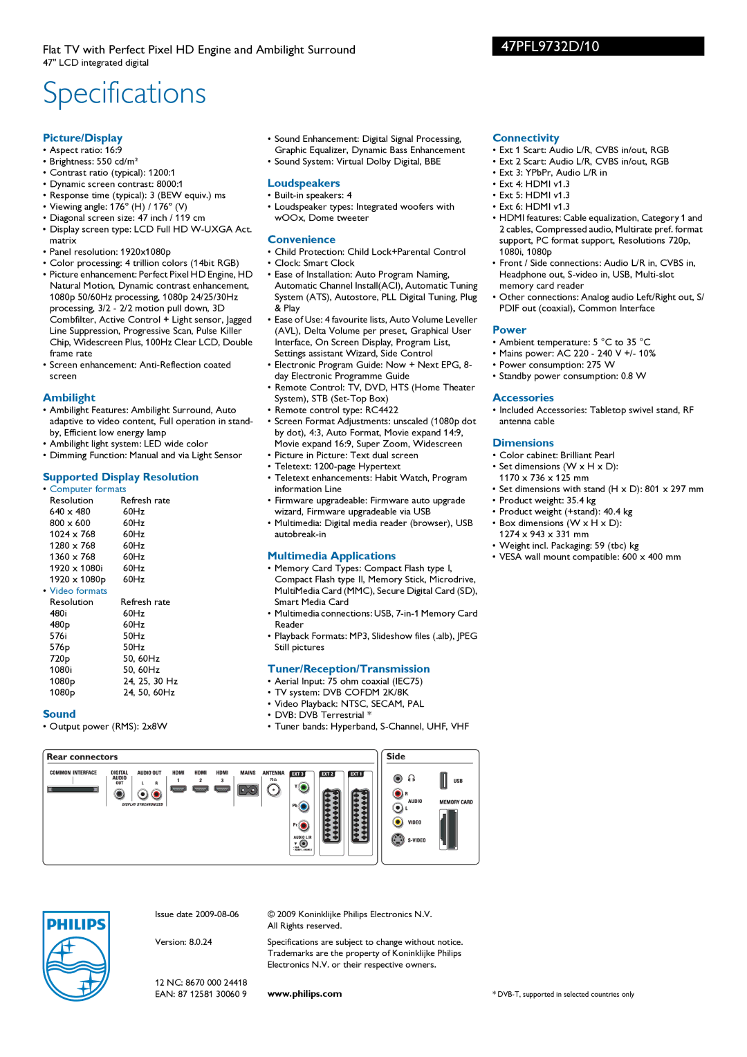 Philips 47PFL9732D/10 Picture/Display, Ambilight, Supported Display Resolution, Sound, Loudspeakers, Convenience, Power 