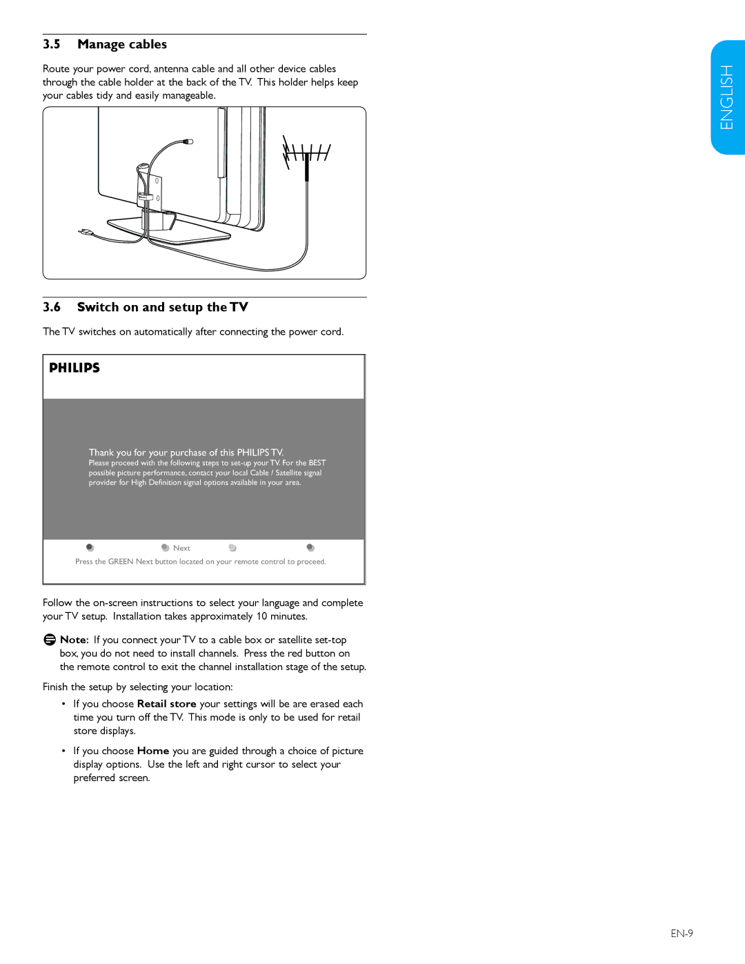 Philips 47TA648BX, 52TA648BX user manual Manage cables, Switch on and setup the TV, EN-9 