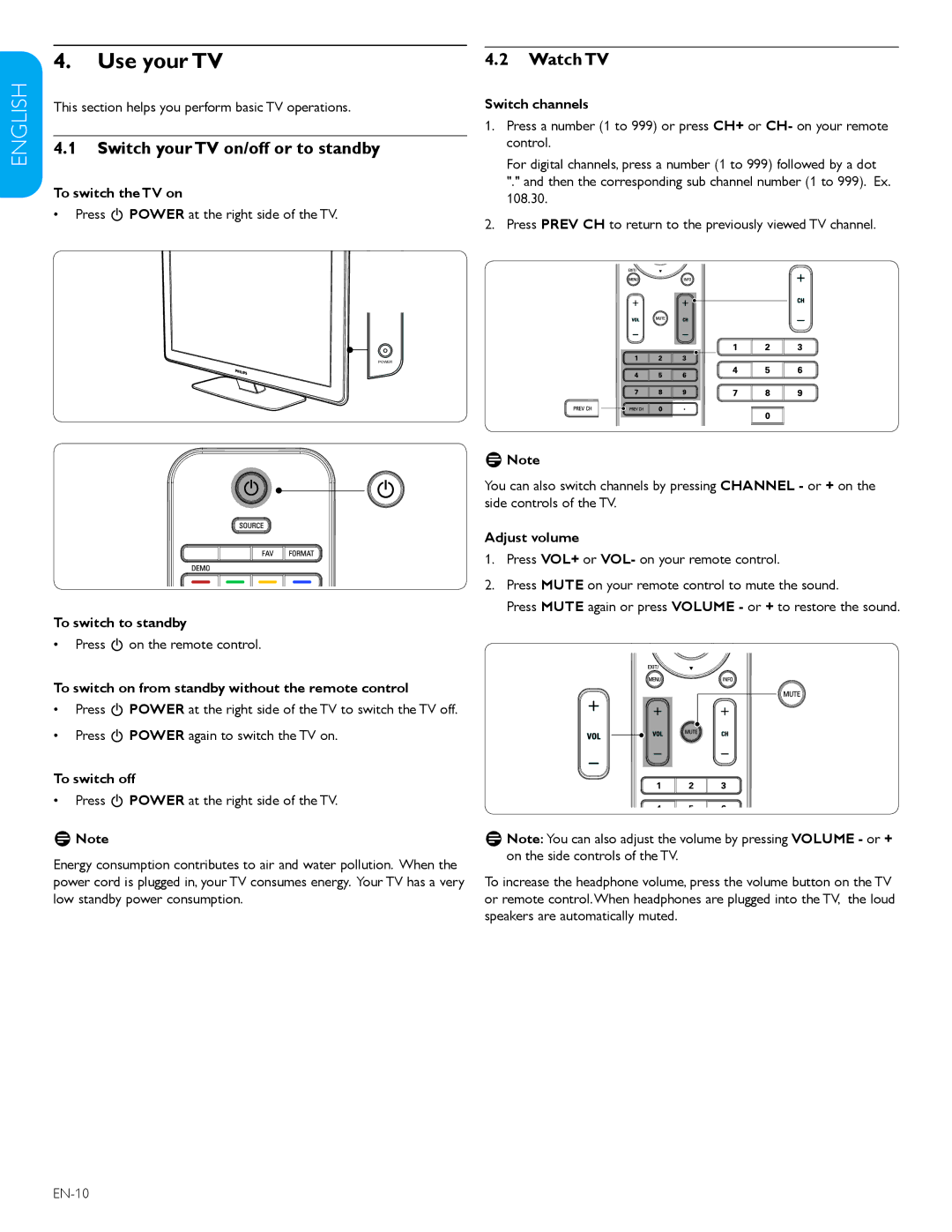 Philips 52TA648BX, 47TA648BX user manual Use your TV, Switch your TV on/off or to standby, Watch TV 