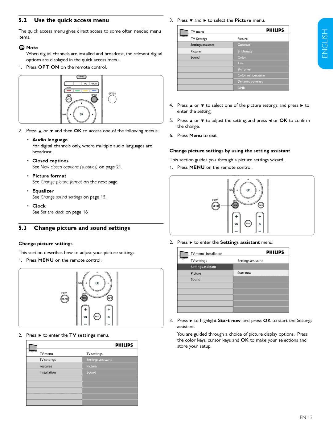 Philips 47TA648BX, 52TA648BX user manual Use the quick access menu, Change picture and sound settings 