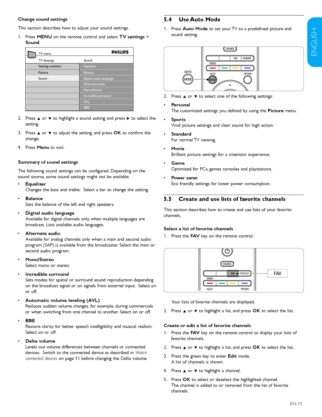 Philips 47TA648BX, 52TA648BX user manual Use Auto Mode, Create and use lists of favorite channels 