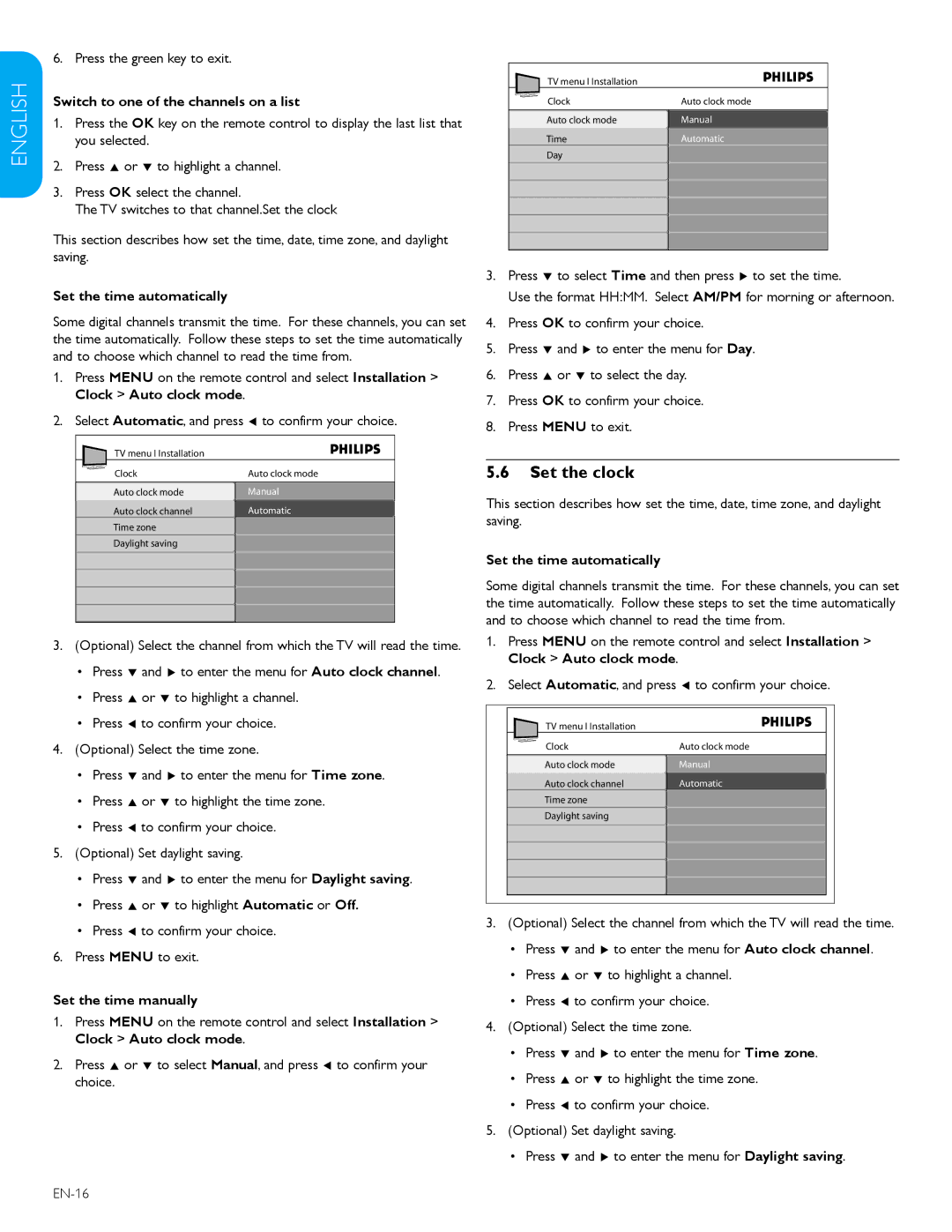 Philips 52TA648BX, 47TA648BX user manual Set the clock, Switch to one of the channels on a list, Set the time automatically 