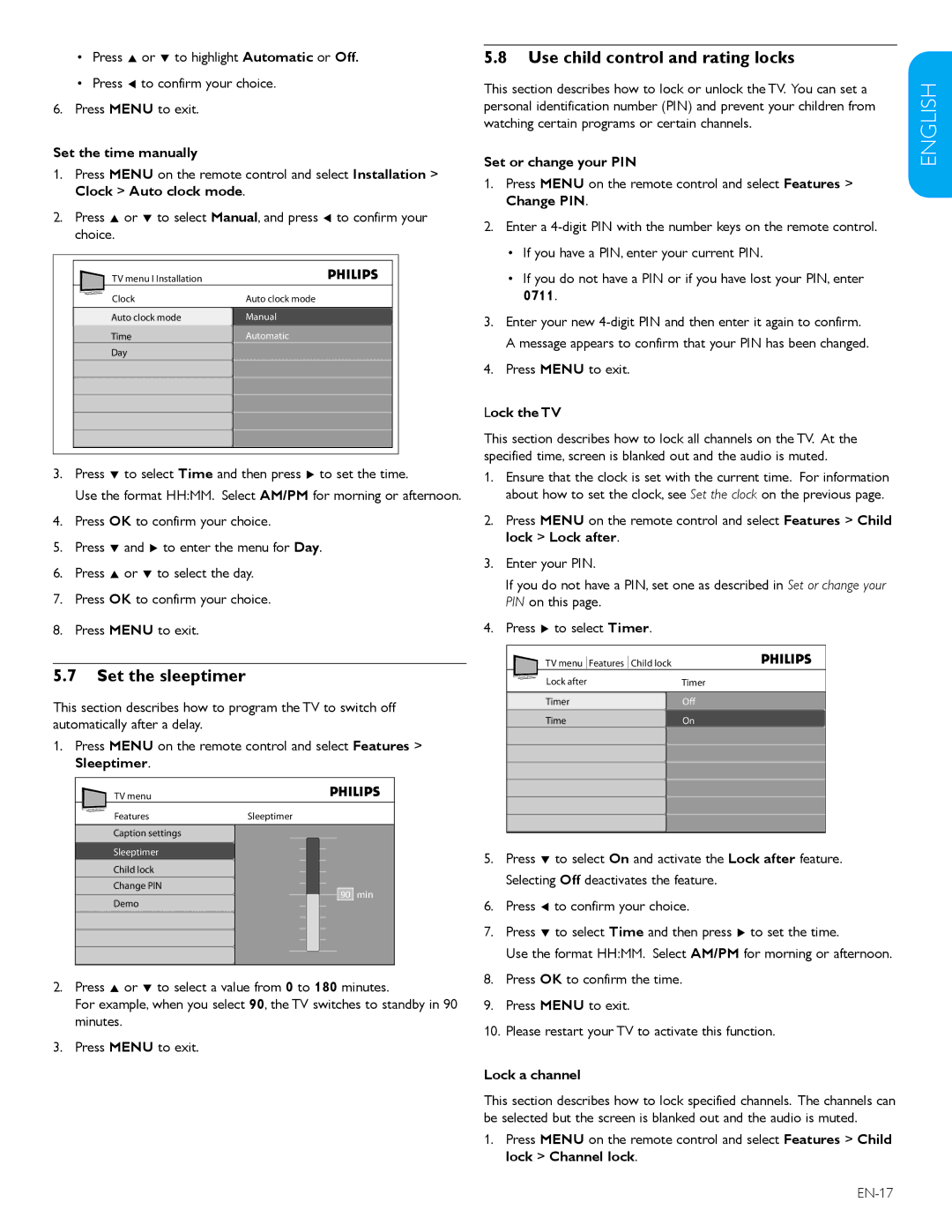 Philips 47TA648BX, 52TA648BX Set the sleeptimer, Use child control and rating locks, Set or change your PIN, Lock the TV 
