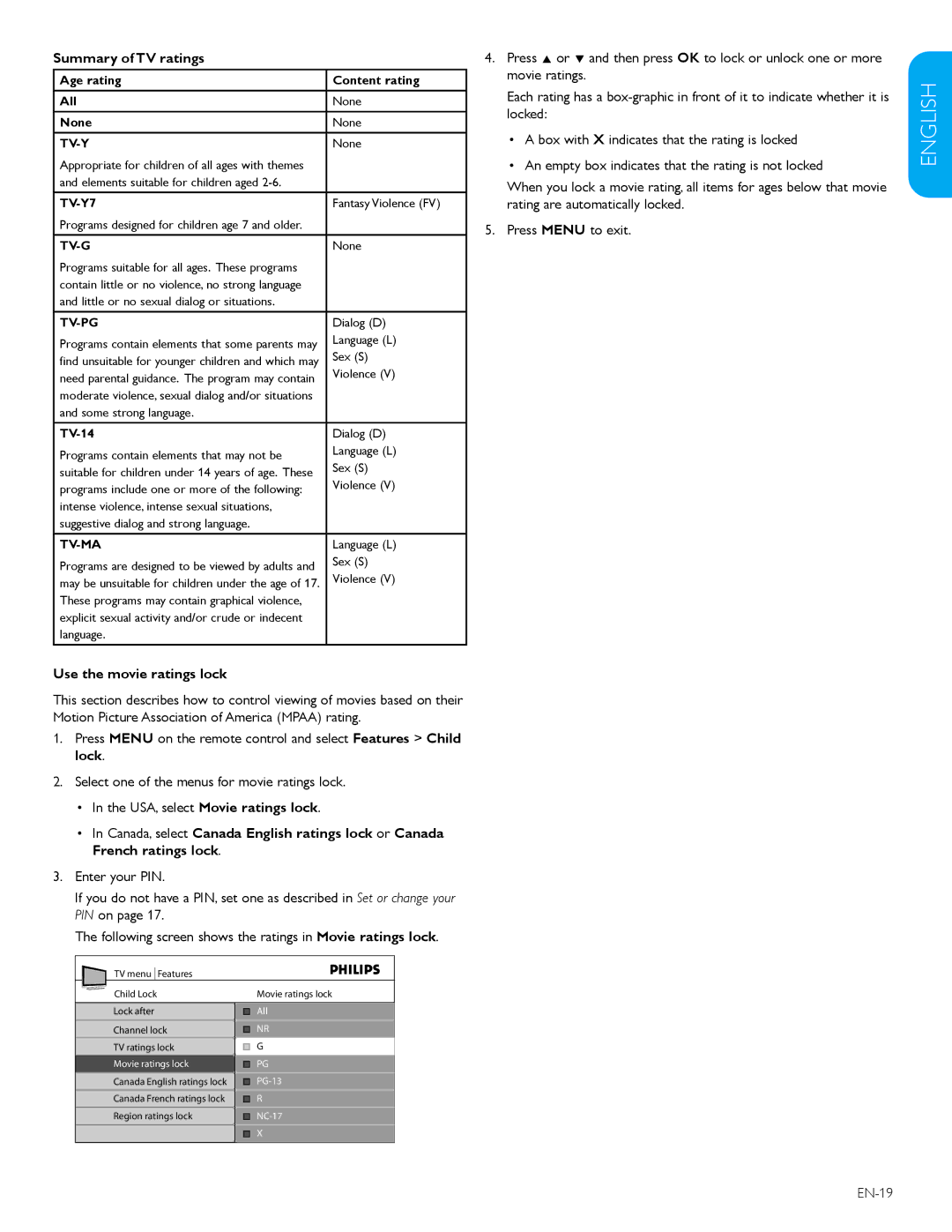 Philips 47TA648BX, 52TA648BX user manual Summary of TV ratings, Use the movie ratings lock, EN-19 