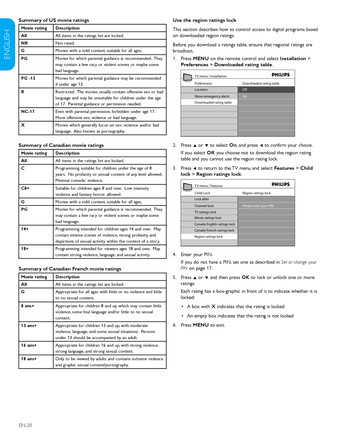 Philips 52TA648BX, 47TA648BX Summary of US movie ratings, Use the region ratings lock, Summary of Canadian movie ratings 