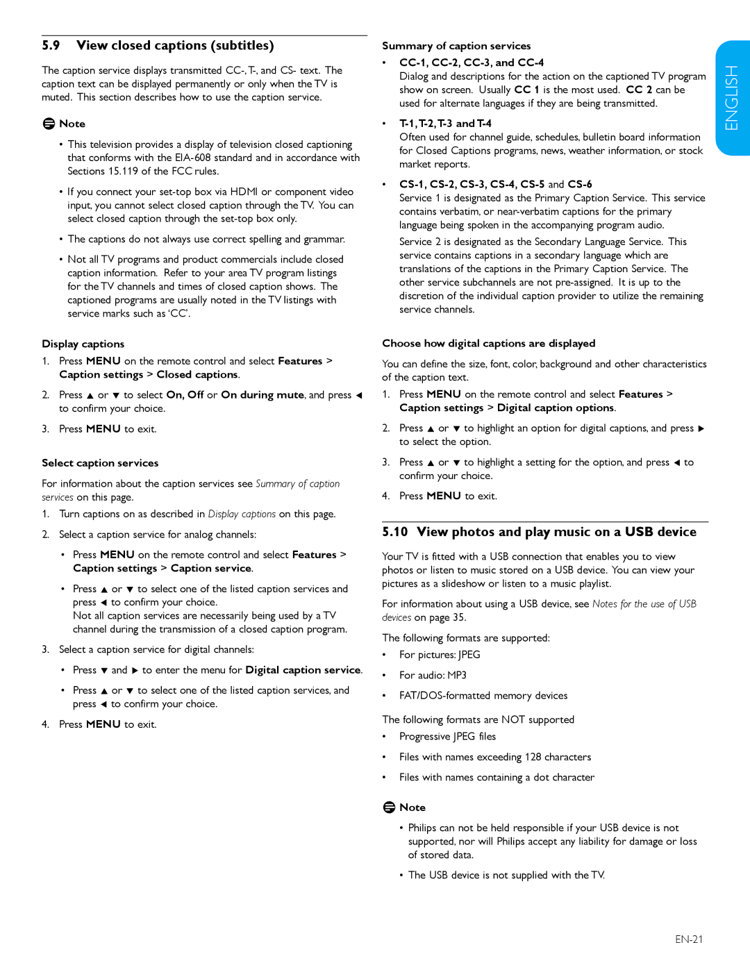 Philips 47TA648BX, 52TA648BX user manual View closed captions subtitles, View photos and play music on a USB device 