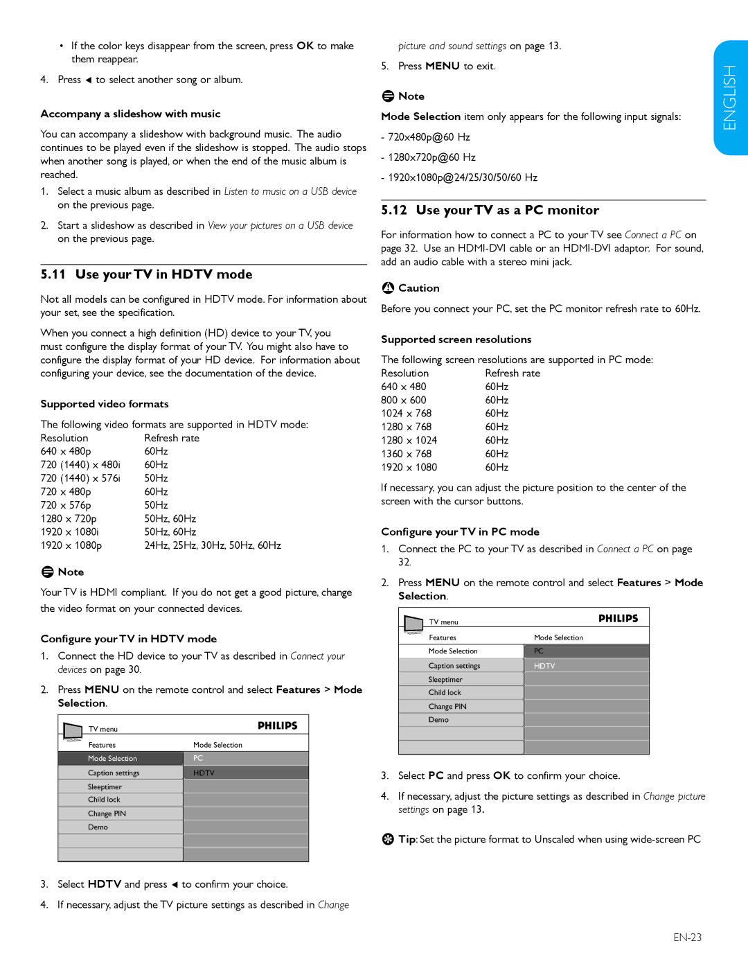 Philips 47TA648BX, 52TA648BX user manual Use your TV in Hdtv mode, Use your TV as a PC monitor 