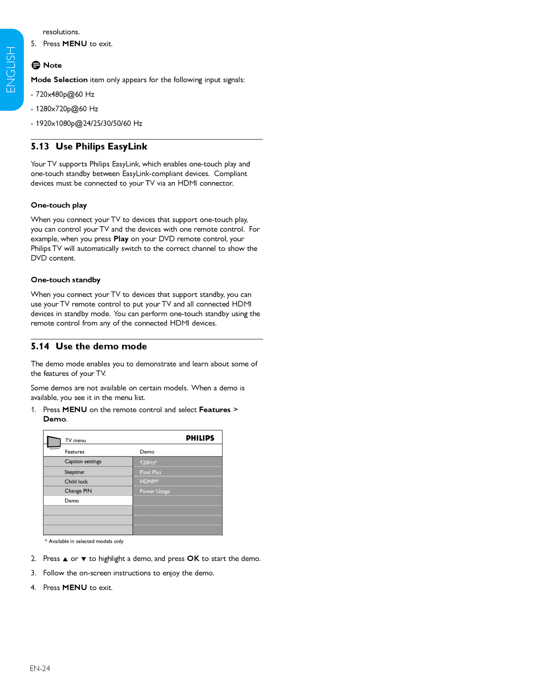 Philips 52TA648BX, 47TA648BX user manual Use Philips EasyLink, Use the demo mode, One-touch play, One-touch standby 