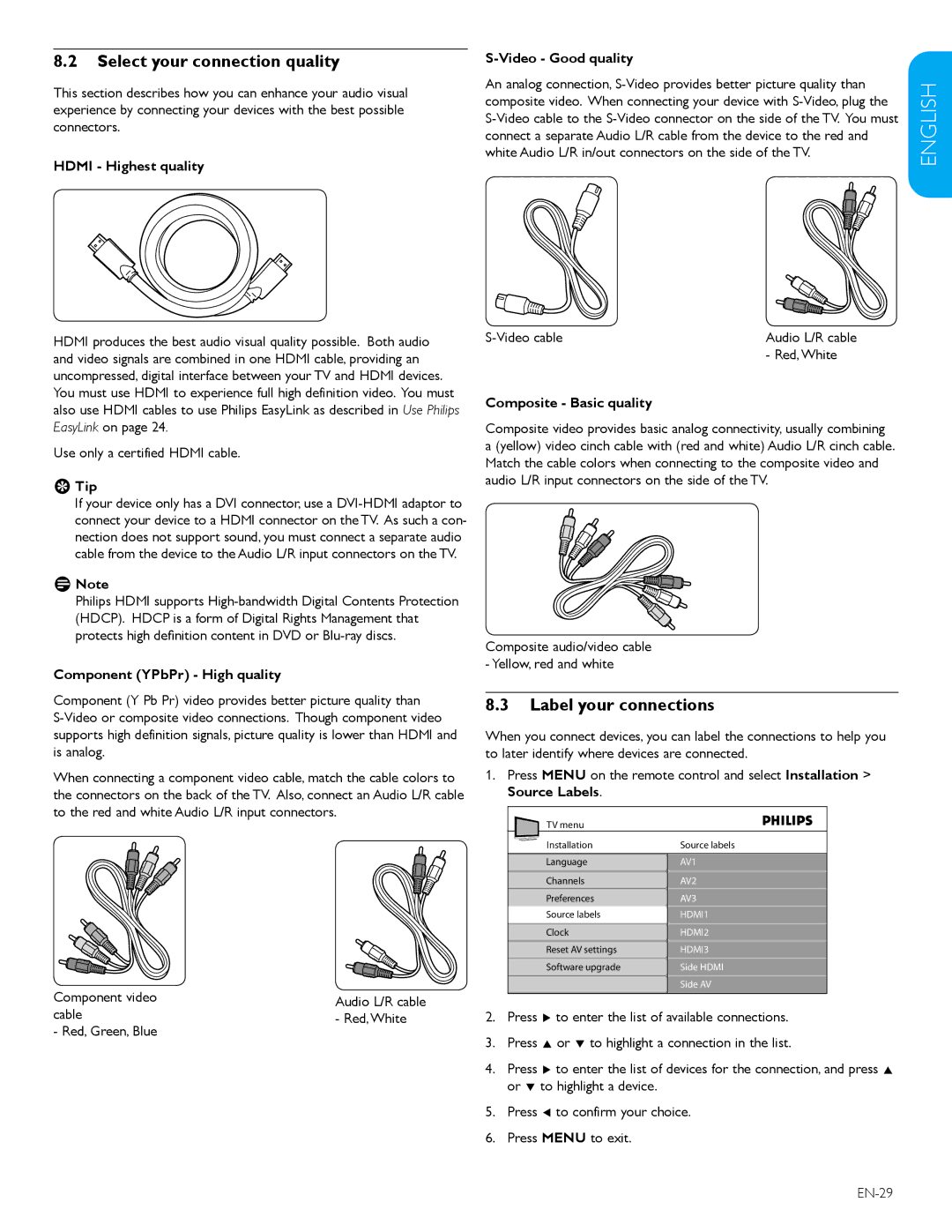 Philips 47TA648BX, 52TA648BX user manual Select your connection quality, Label your connections 