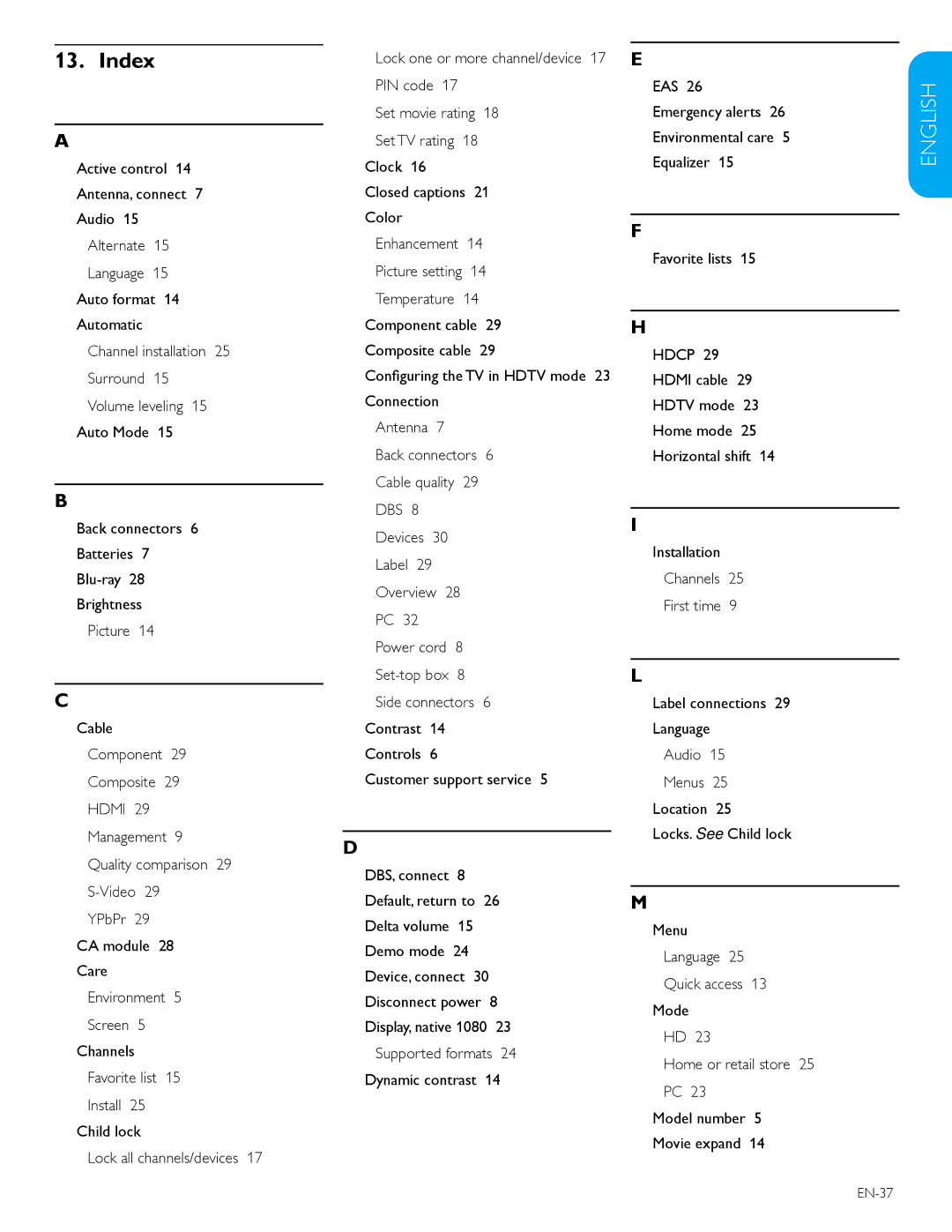 Philips 47TA648BX, 52TA648BX user manual Index, EN-37 