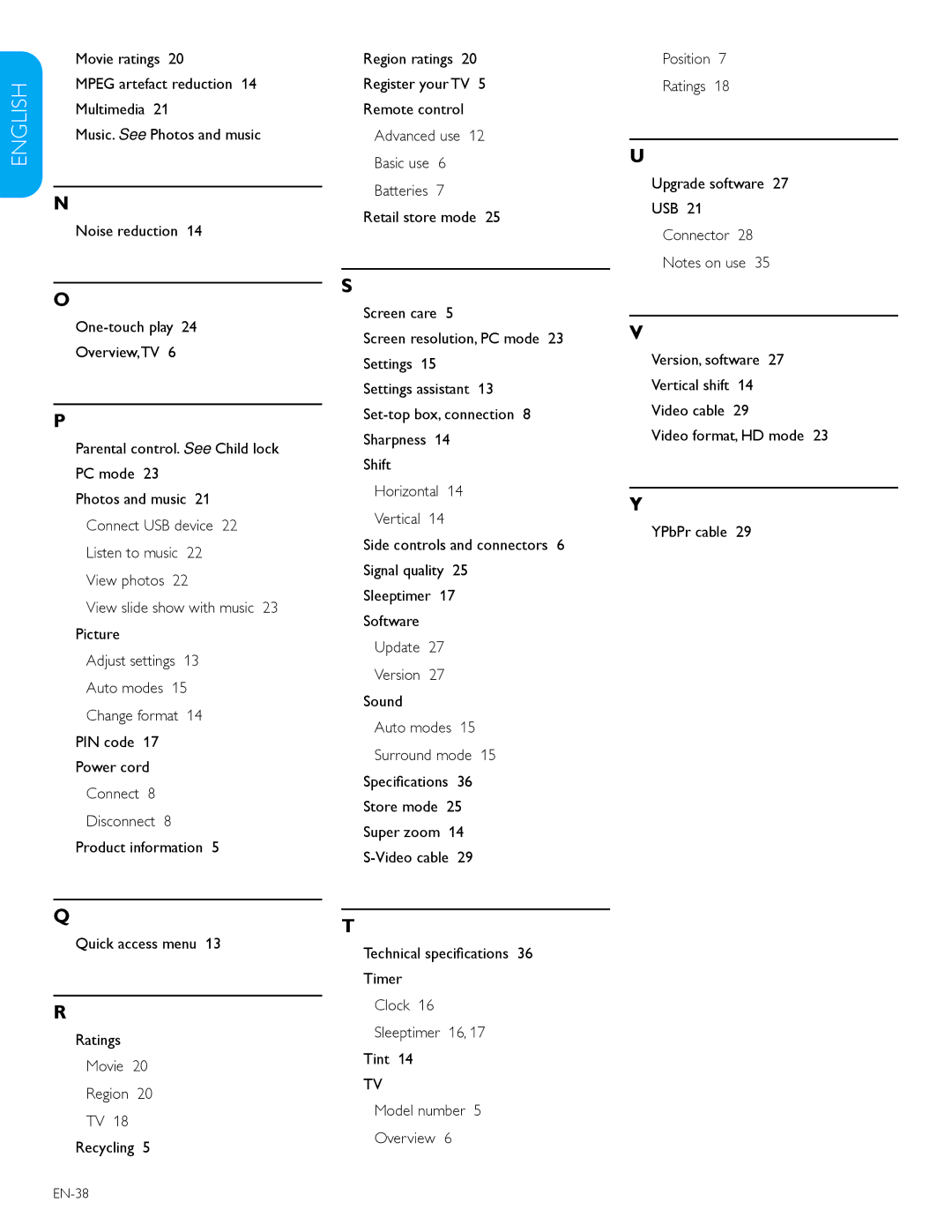 Philips 52TA648BX, 47TA648BX user manual Adjust settings 13 Auto modes 15 Change format, EN-38 