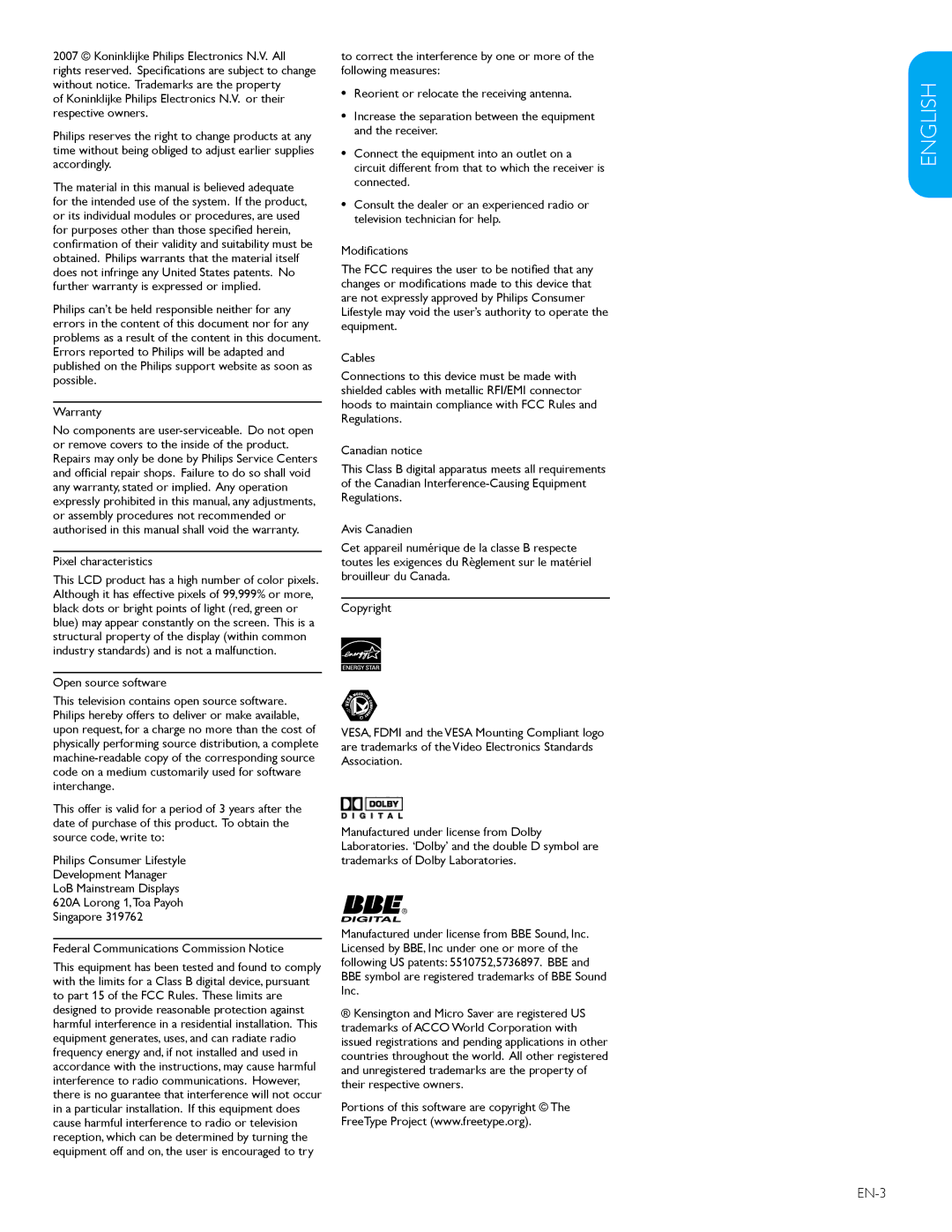 Philips 47TA648BX, 52TA648BX user manual EN-3, Pixel characteristics 