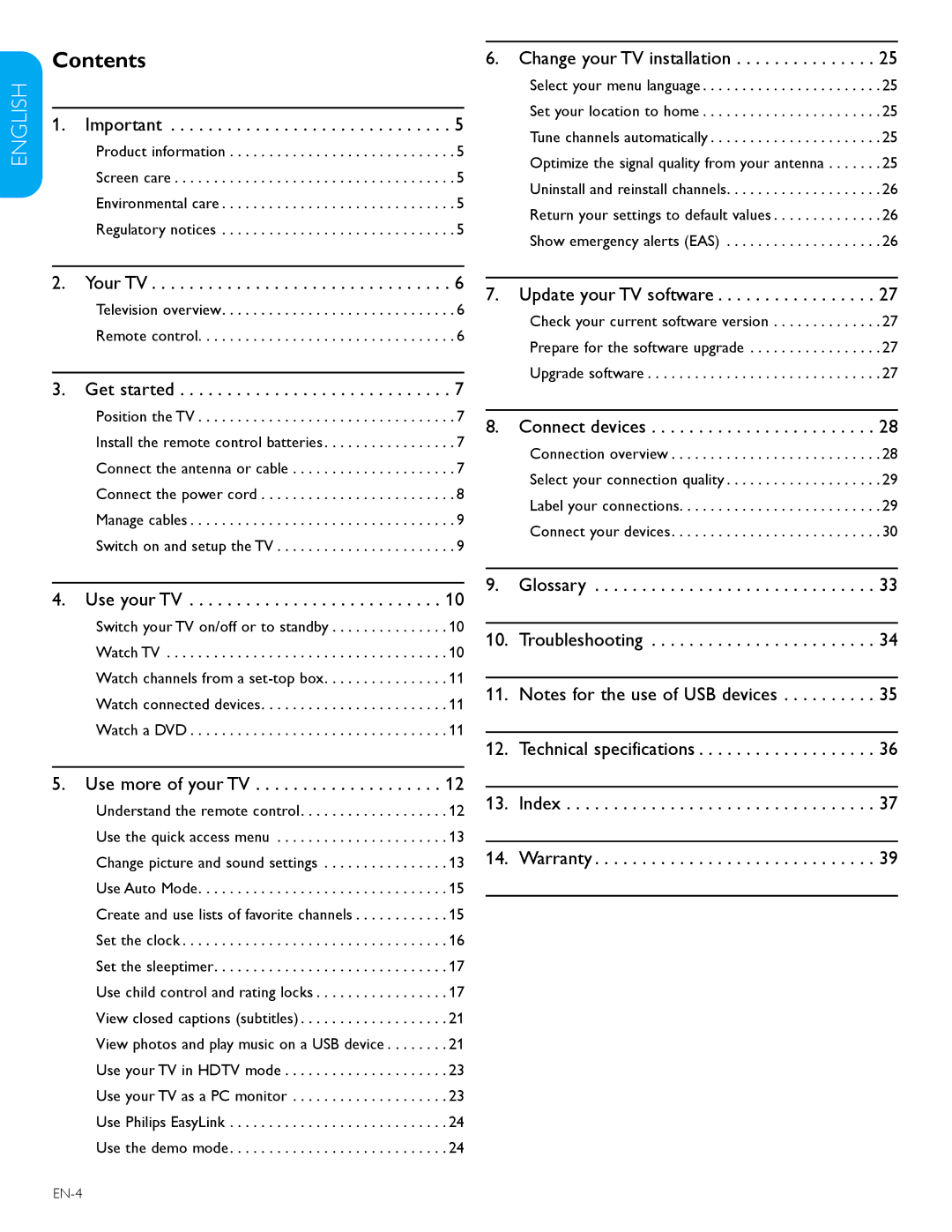 Philips 52TA648BX, 47TA648BX user manual Contents 