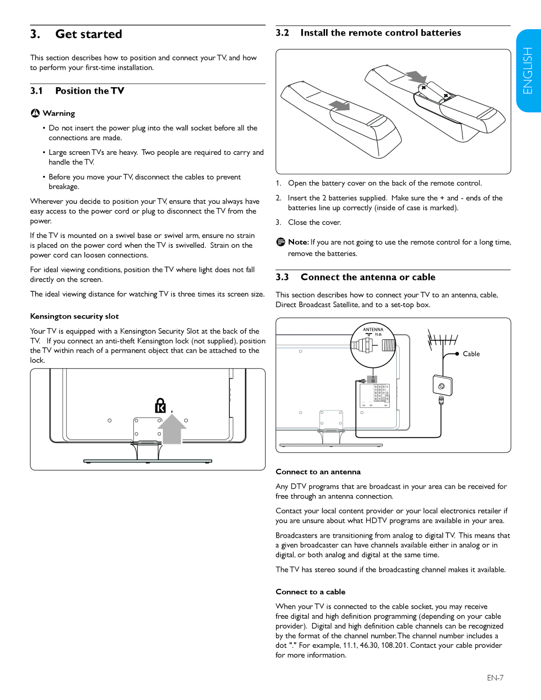 Philips 47TA648BX Get started, Position the TV, Install the remote control batteries, Connect the antenna or cable 