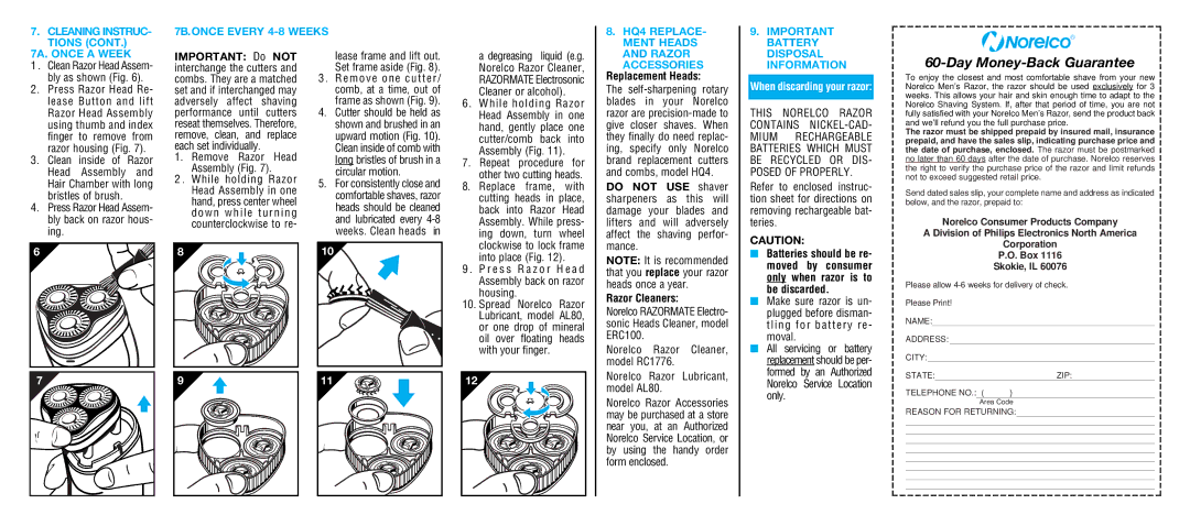 Philips 4807XL, 4805XL important safety instructions Razor Accessories, Disposal, Information 