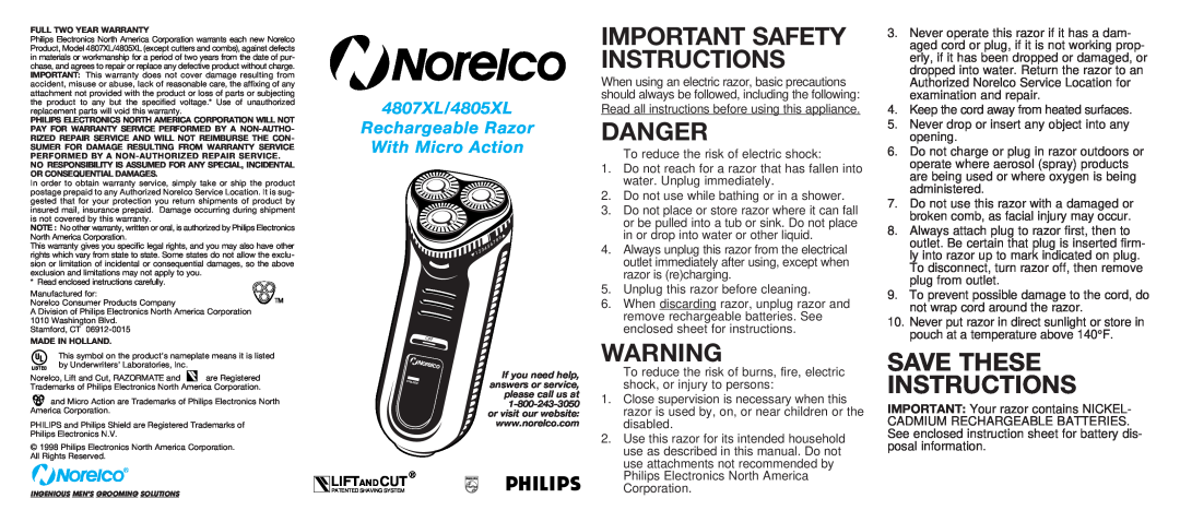 Philips 4805XL important safety instructions Danger, Save These Instructions, Important Safety Instructions, Liftandcut 
