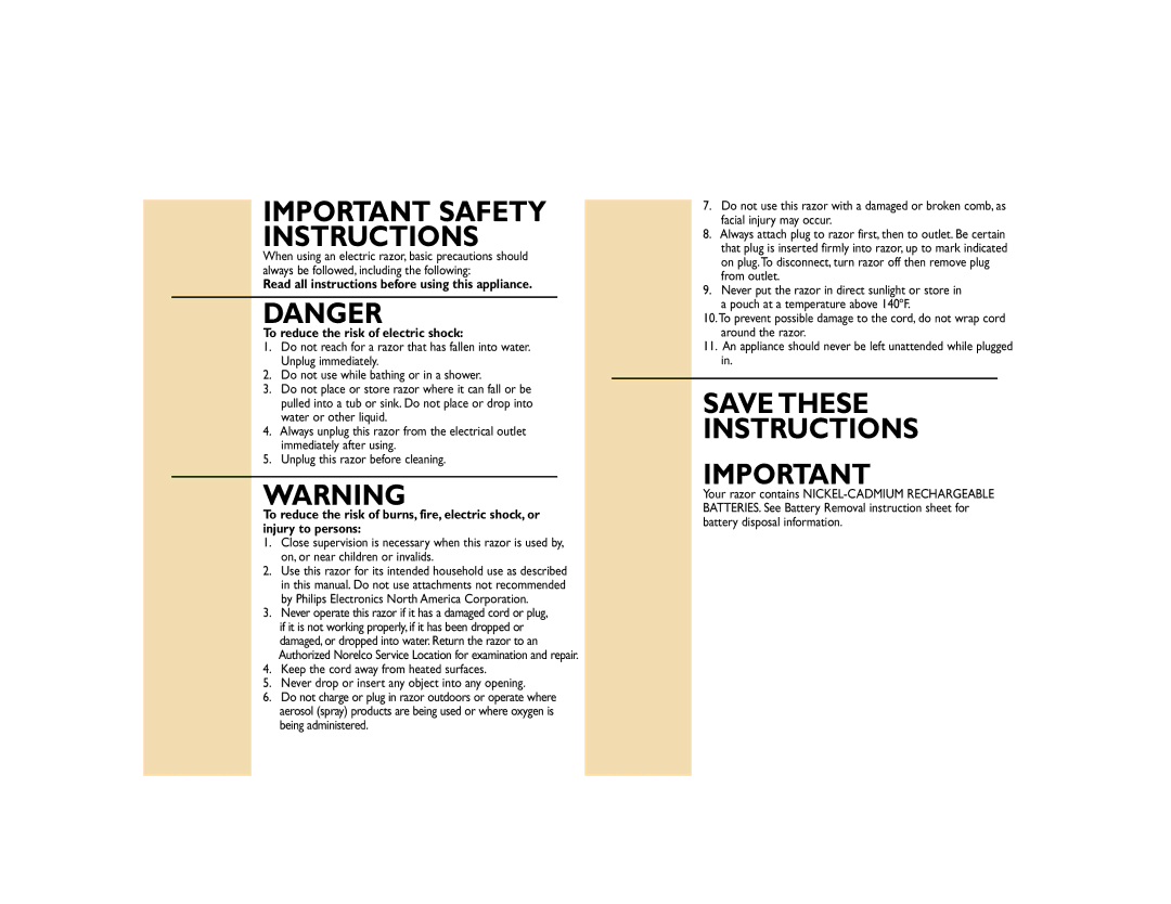 Philips 4853 manual Important Safety Instructions, Never operate this razor if it has a damaged cord or plug 