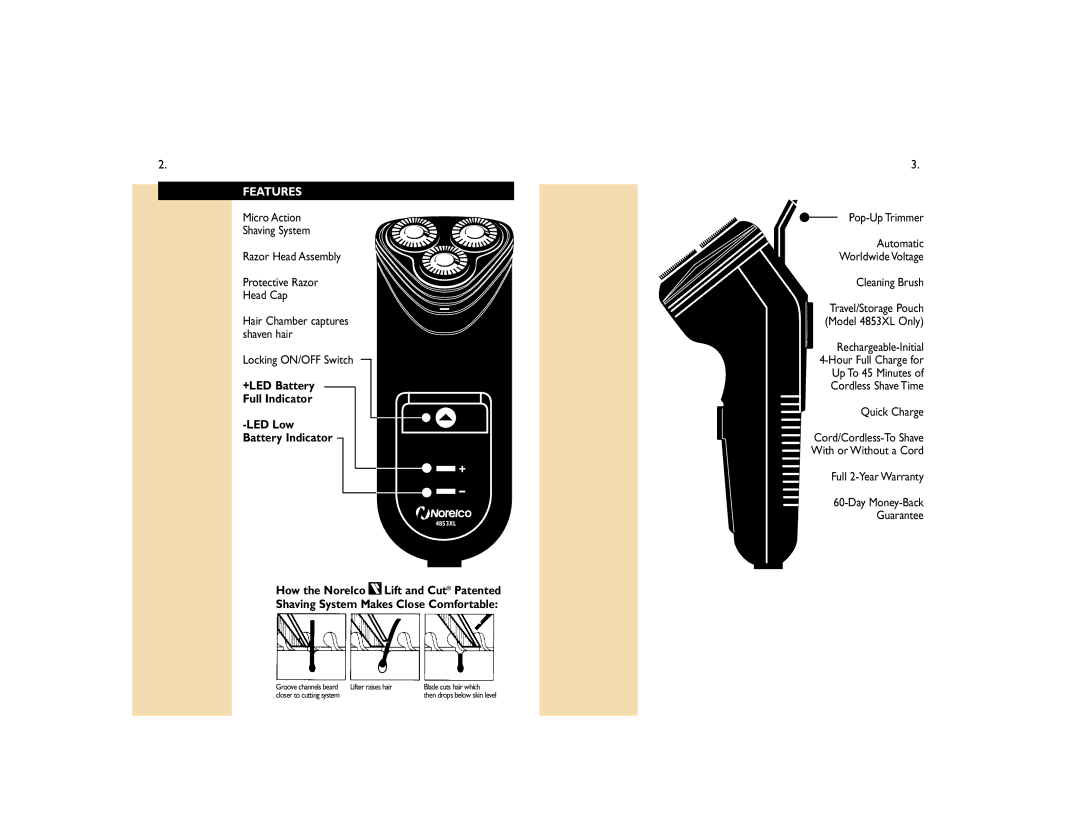 Philips 4853 manual Features, +LED Battery Full Indicator LED Low Battery Indicator, Quick Charge, Full 2-Year Warranty 