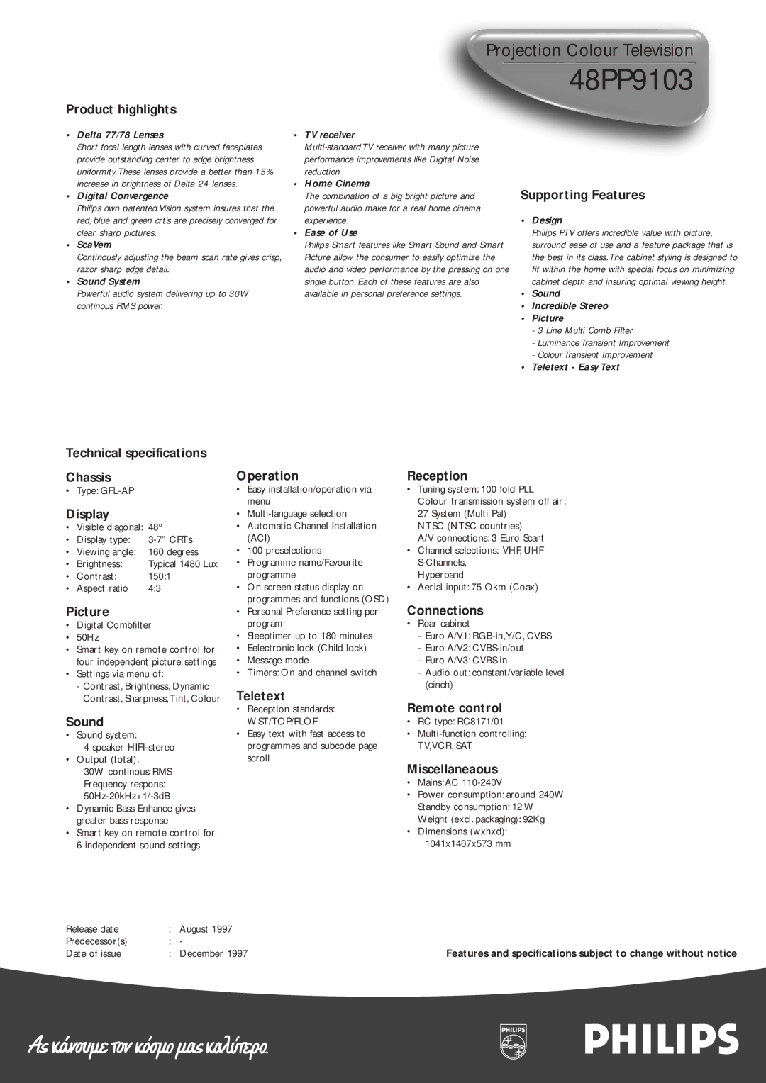 Philips 48PP9103 manual Product highlights, Technical specifications Chassis, Display, Picture, Sound, Operation, Teletext 