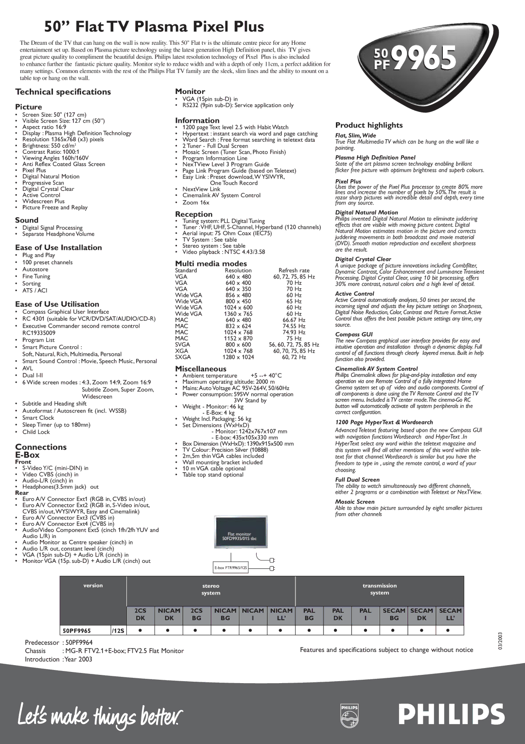 Philips 50 PF9965 manual Picture, Sound, Ease of Use Installation, Ease of Use Utilisation, Monitor, Information, Reception 