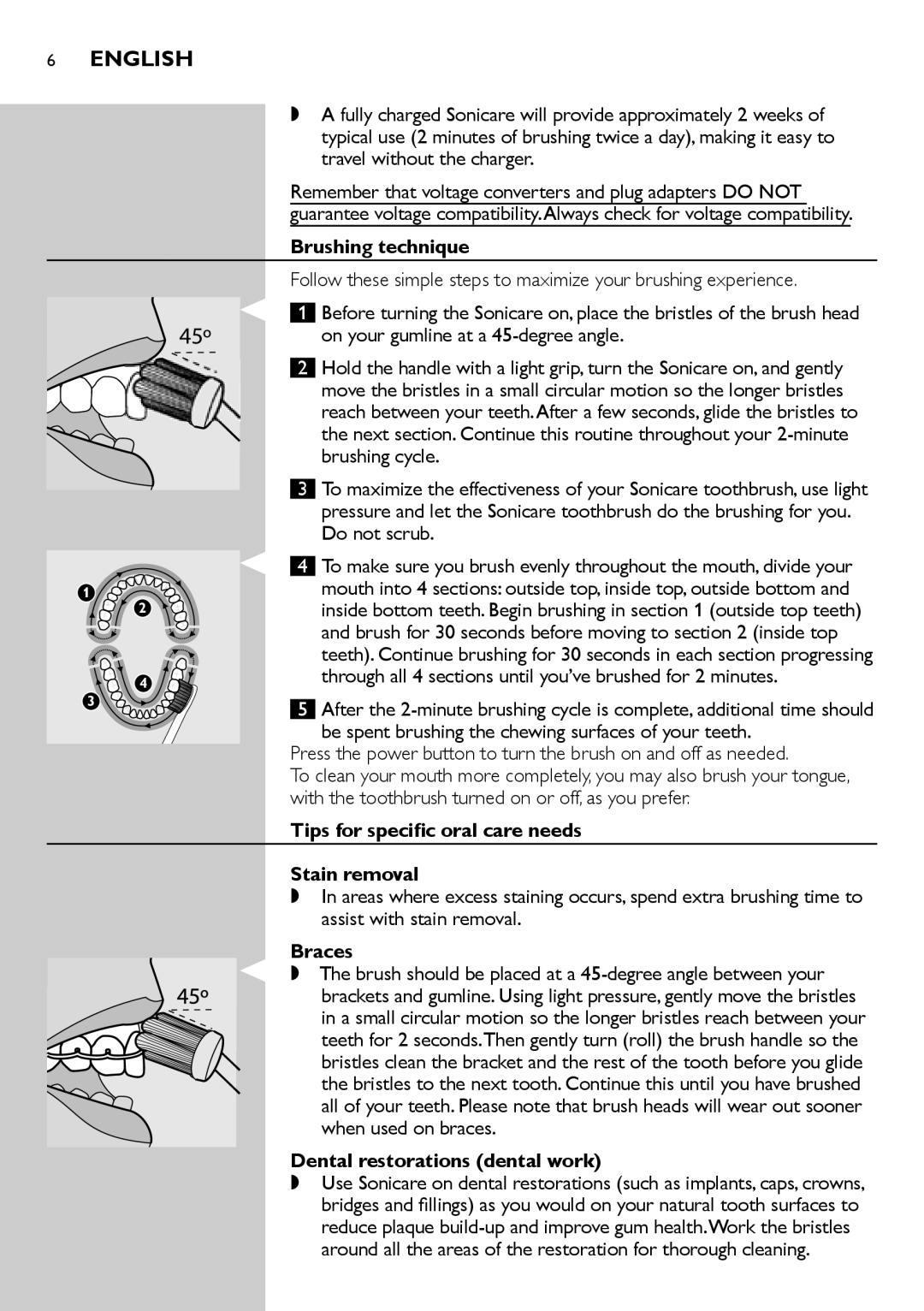 Philips 5000 Series manual Brushing technique, Tips for specific oral care needs Stain removal, Braces 