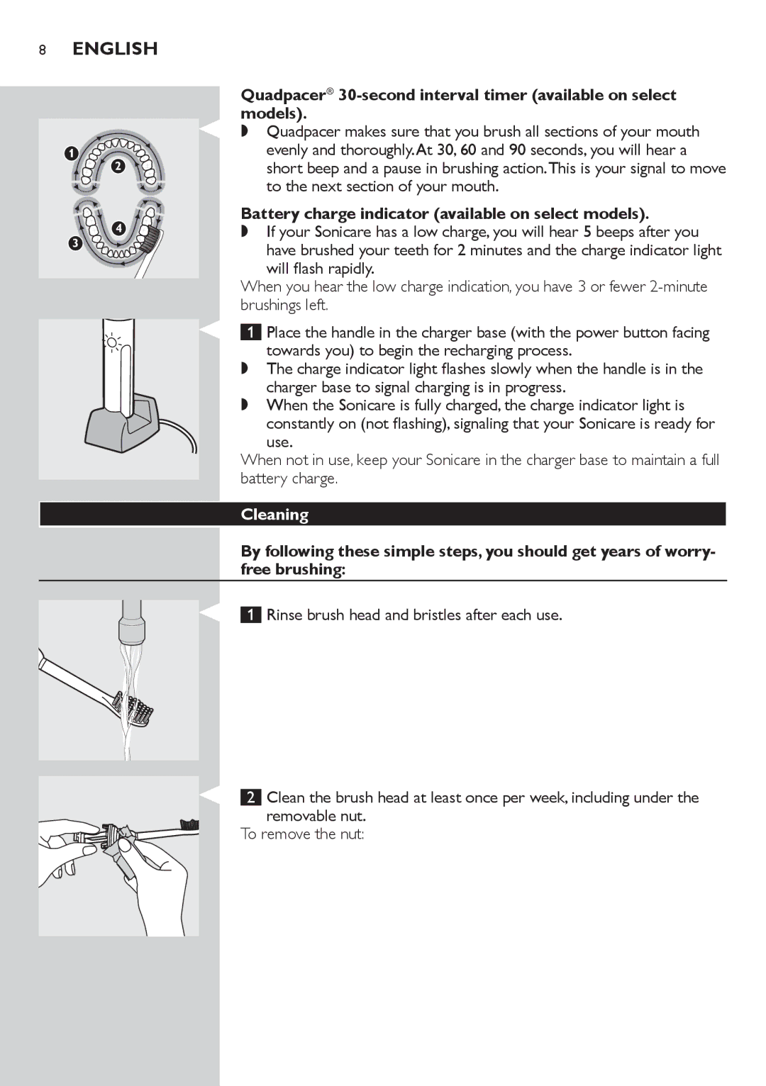 Philips 5000 Series manual Battery charge indicator available on select models, Cleaning 