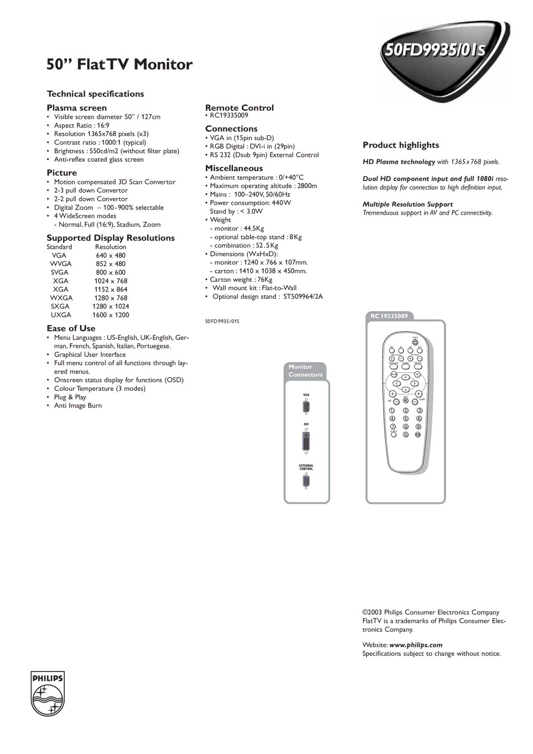 Philips 50FD9935/01S Technical specifications Plasma screen, Remote Control, Connections, Product highlights, Picture 