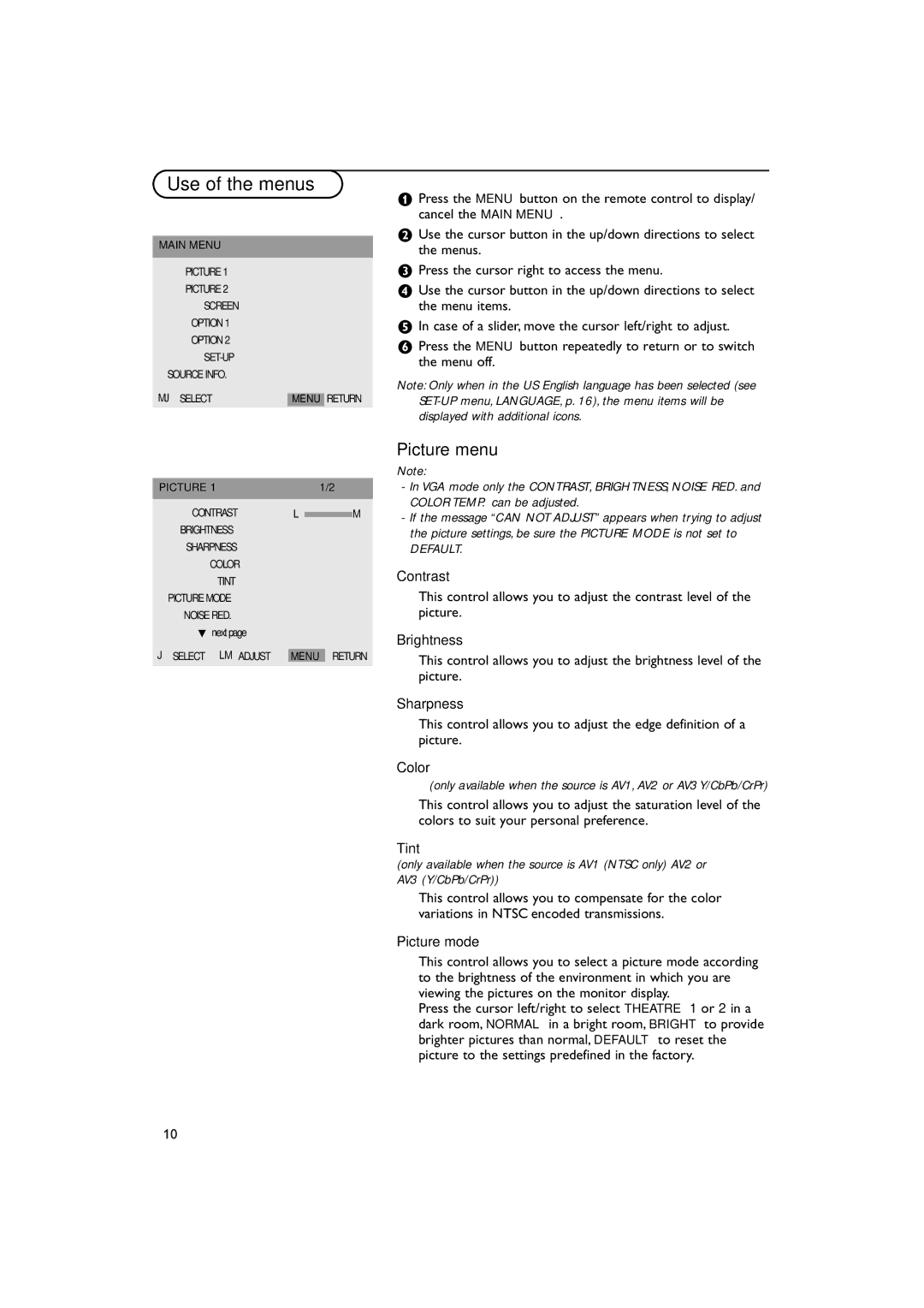 Philips 50FD9955 warranty Picture menu 